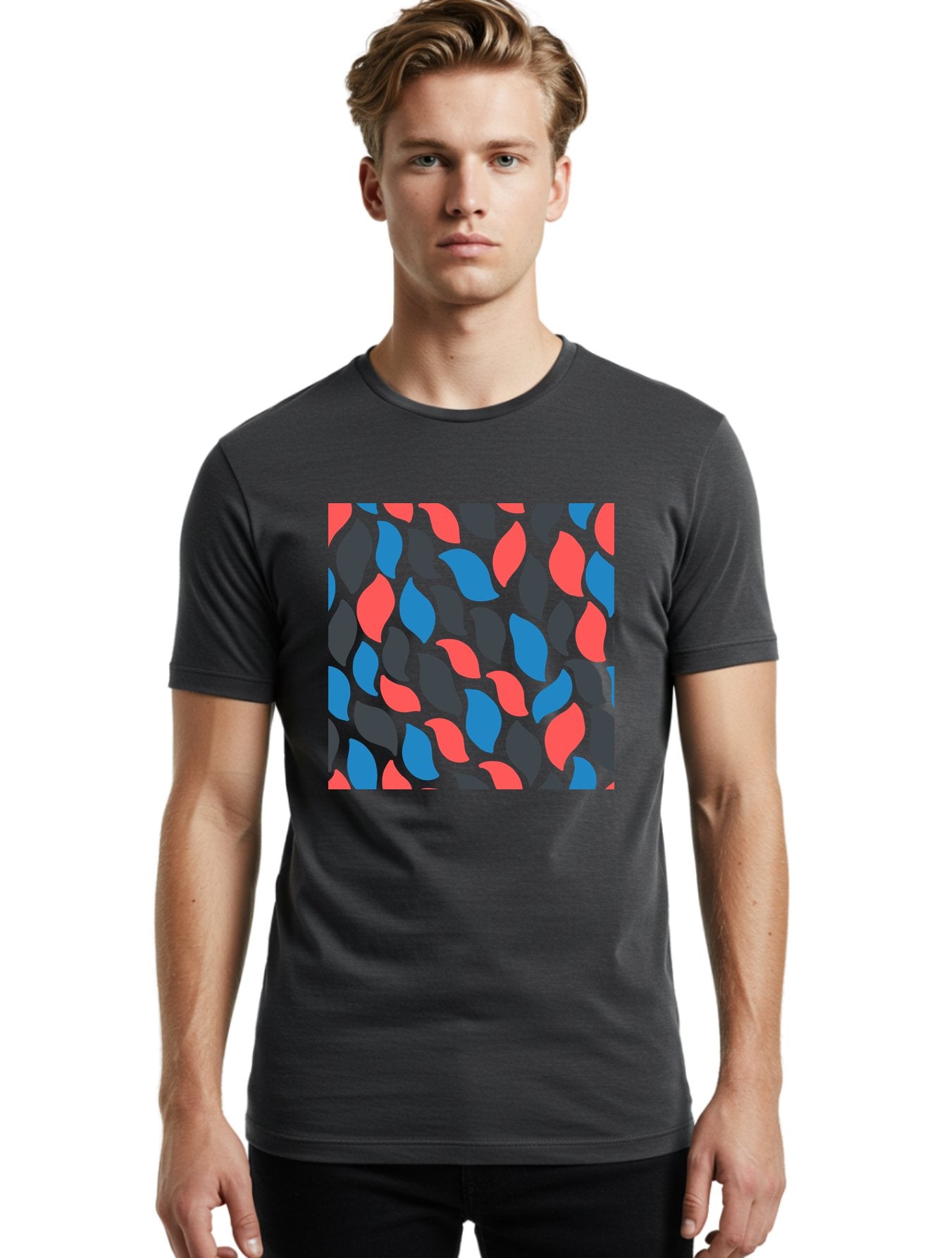 Red-Blue-Black-Leaves Men'S Graphic Tee, 100% Cotton, Comfortable Casual Summer Wear, Machine Washable, Colorful Leaf Pattern, Abstract Design, Red Blue Black Leaves, Vibrant Colors, Modern Art, Leaf Motif, Graphic Design, Creative Pattern, Aab781 16