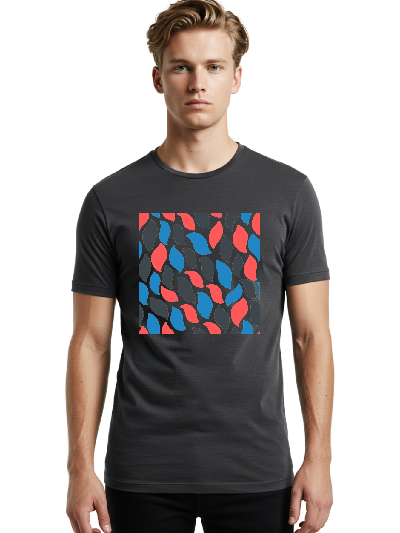 Red-Blue-Black-Leaves Men'S Graphic Tee, 100% Cotton, Comfortable Casual Summer Wear, Machine Washable, Colorful Leaf Pattern, Abstract Design, Red Blue Black Leaves, Vibrant Colors, Modern Art, Leaf Motif, Graphic Design, Creative Pattern, Aab781 26