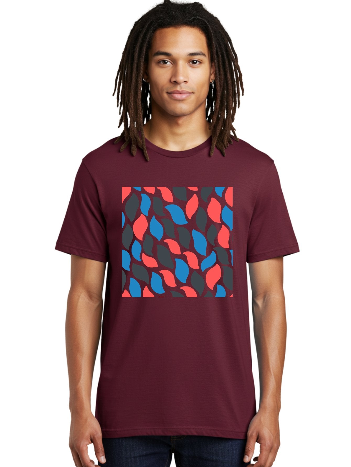 Red-Blue-Black-Leaves Men'S Graphic Tee, 100% Cotton, Comfortable Casual Summer Wear, Machine Washable, Colorful Leaf Pattern, Abstract Design, Red Blue Black Leaves, Vibrant Colors, Modern Art, Leaf Motif, Graphic Design, Creative Pattern, Aab781 23