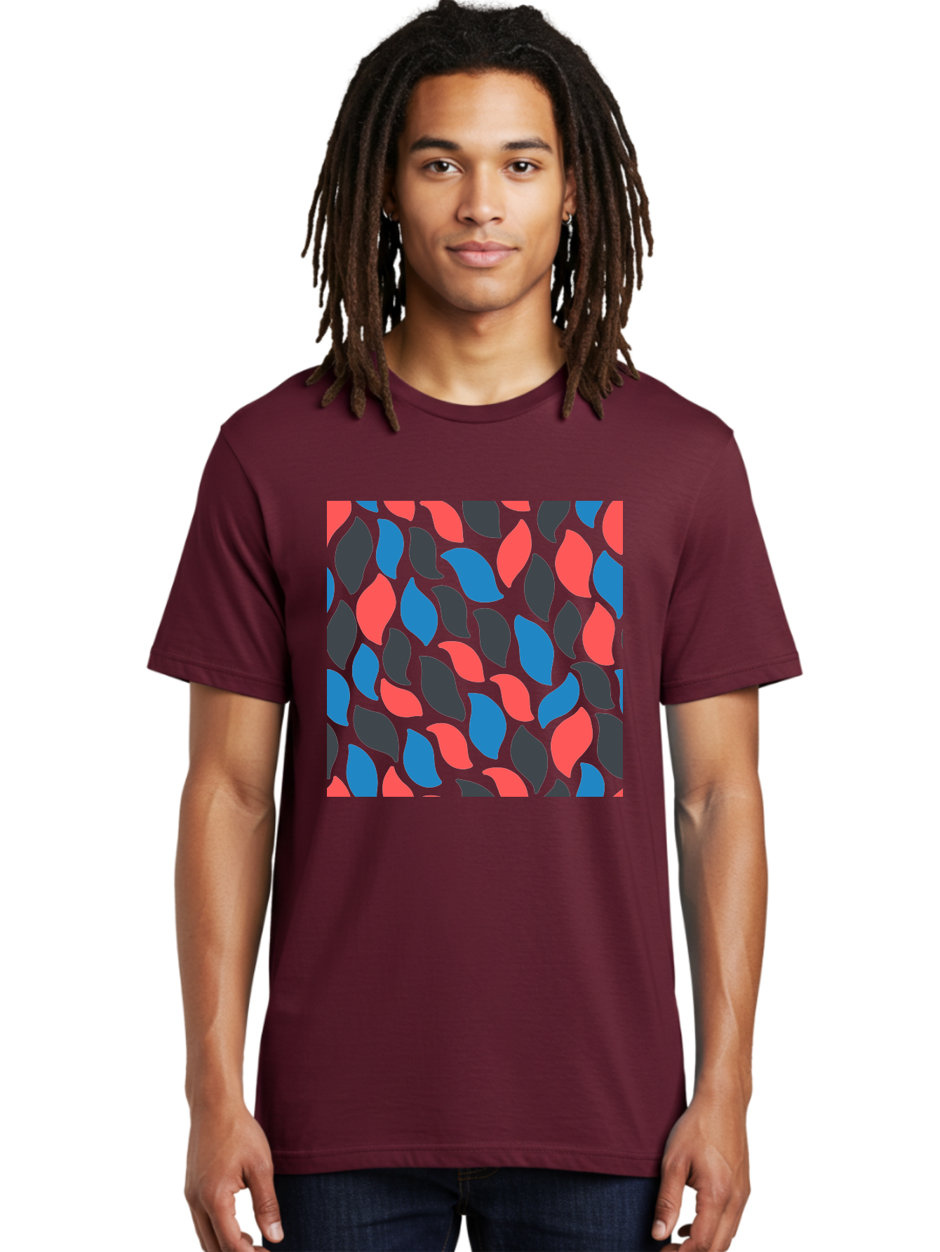 Red-Blue-Black-Leaves Men'S Graphic Tee, 100% Cotton, Comfortable Casual Summer Wear, Machine Washable, Colorful Leaf Pattern, Abstract Design, Red Blue Black Leaves, Vibrant Colors, Modern Art, Leaf Motif, Graphic Design, Creative Pattern, Aab781 16