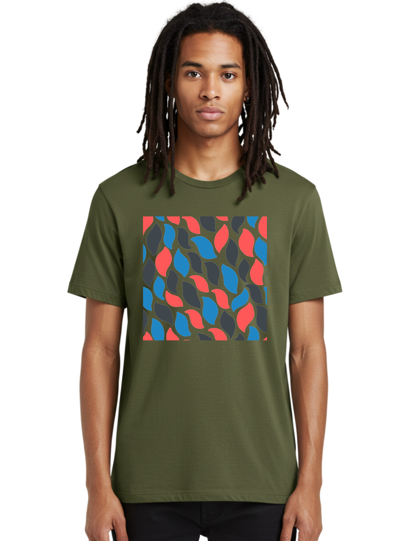 Red-Blue-Black-Leaves Men'S Graphic Tee, 100% Cotton, Comfortable Casual Summer Wear, Machine Washable, Colorful Leaf Pattern, Abstract Design, Red Blue Black Leaves, Vibrant Colors, Modern Art, Leaf Motif, Graphic Design, Creative Pattern, Aab781 4