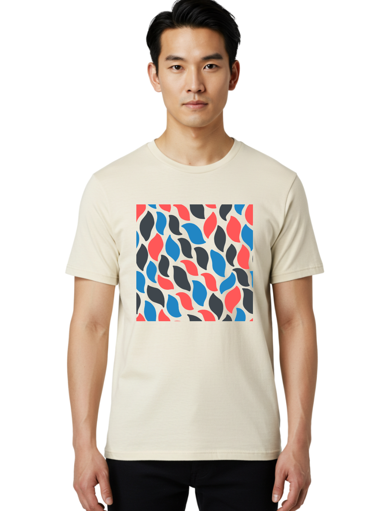 Red-Blue-Black-Leaves Men'S Graphic Tee, 100% Cotton, Comfortable Casual Summer Wear, Machine Washable, Colorful Leaf Pattern, Abstract Design, Red Blue Black Leaves, Vibrant Colors, Modern Art, Leaf Motif, Graphic Design, Creative Pattern, Aab781 14