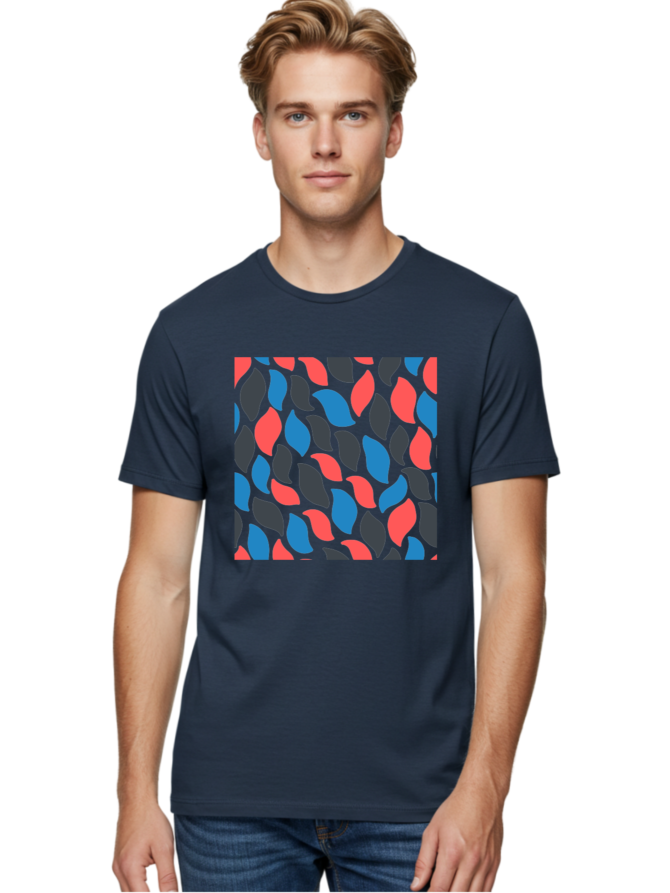 Red-Blue-Black-Leaves Men'S Graphic Tee, 100% Cotton, Comfortable Casual Summer Wear, Machine Washable, Colorful Leaf Pattern, Abstract Design, Red Blue Black Leaves, Vibrant Colors, Modern Art, Leaf Motif, Graphic Design, Creative Pattern, Aab781 12