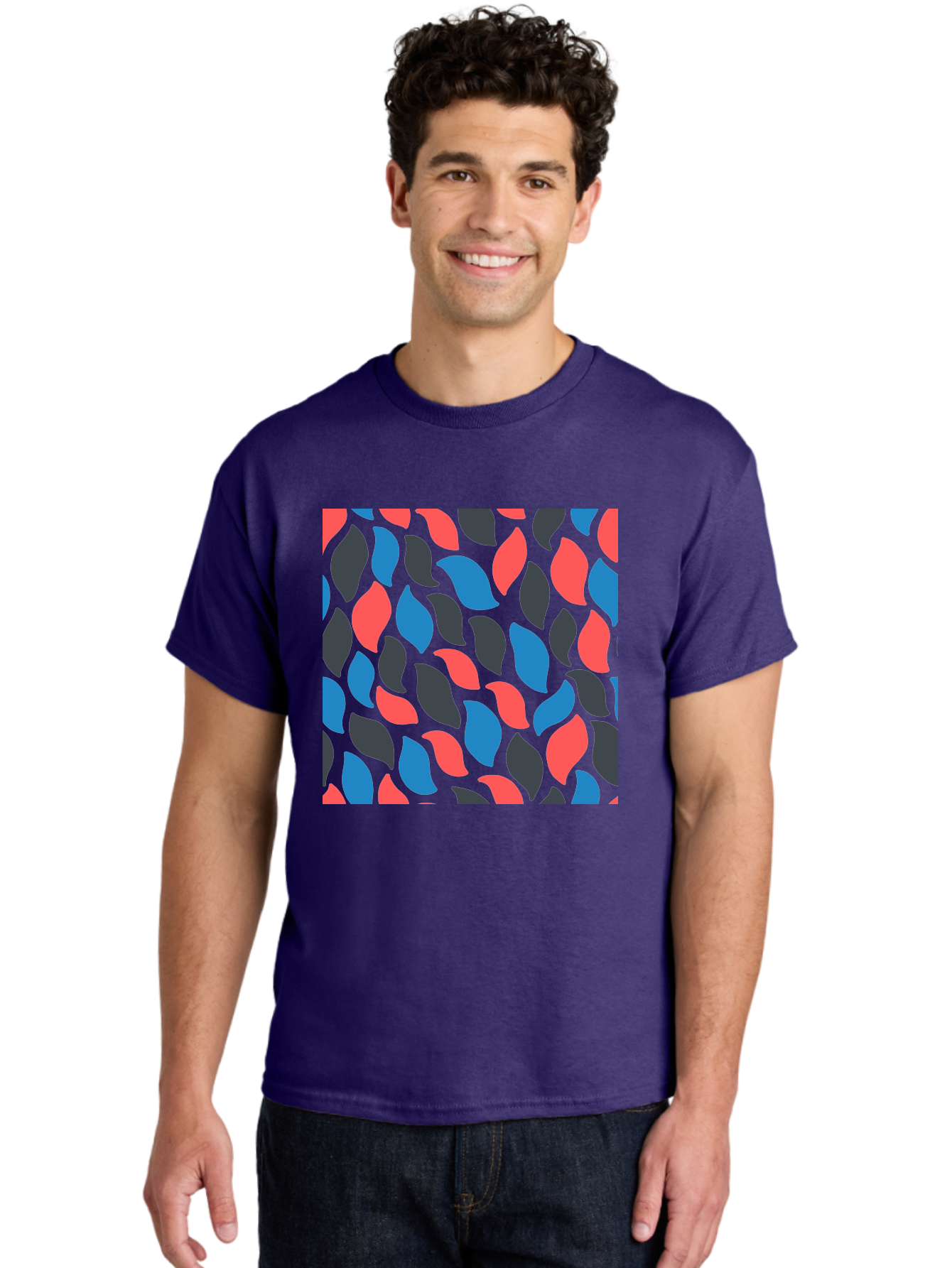 Red-Blue-Black-Leaves Men'S Graphic Tee, 100% Cotton, Comfortable Casual Summer Wear, Machine Washable, Colorful Leaf Pattern, Abstract Design, Red Blue Black Leaves, Vibrant Colors, Modern Art, Leaf Motif, Graphic Design, Creative Pattern, Aab781 20