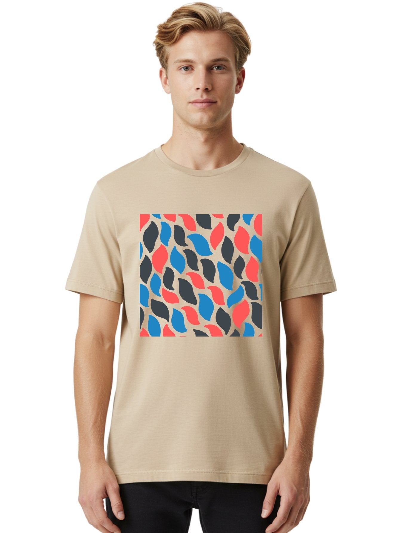 Red-Blue-Black-Leaves Men'S Graphic Tee, 100% Cotton, Comfortable Casual Summer Wear, Machine Washable, Colorful Leaf Pattern, Abstract Design, Red Blue Black Leaves, Vibrant Colors, Modern Art, Leaf Motif, Graphic Design, Creative Pattern, Aab781 19