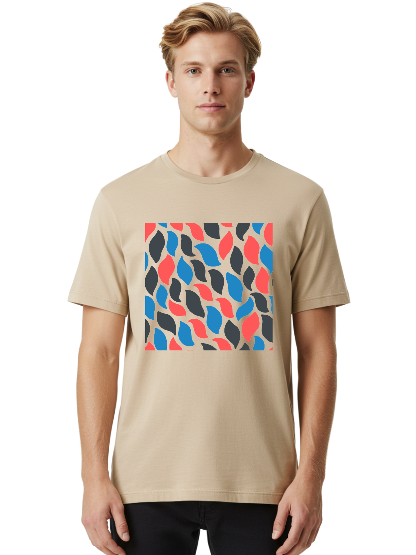 Red-Blue-Black-Leaves Men'S Graphic Tee, 100% Cotton, Comfortable Casual Summer Wear, Machine Washable, Colorful Leaf Pattern, Abstract Design, Red Blue Black Leaves, Vibrant Colors, Modern Art, Leaf Motif, Graphic Design, Creative Pattern, Aab781 22