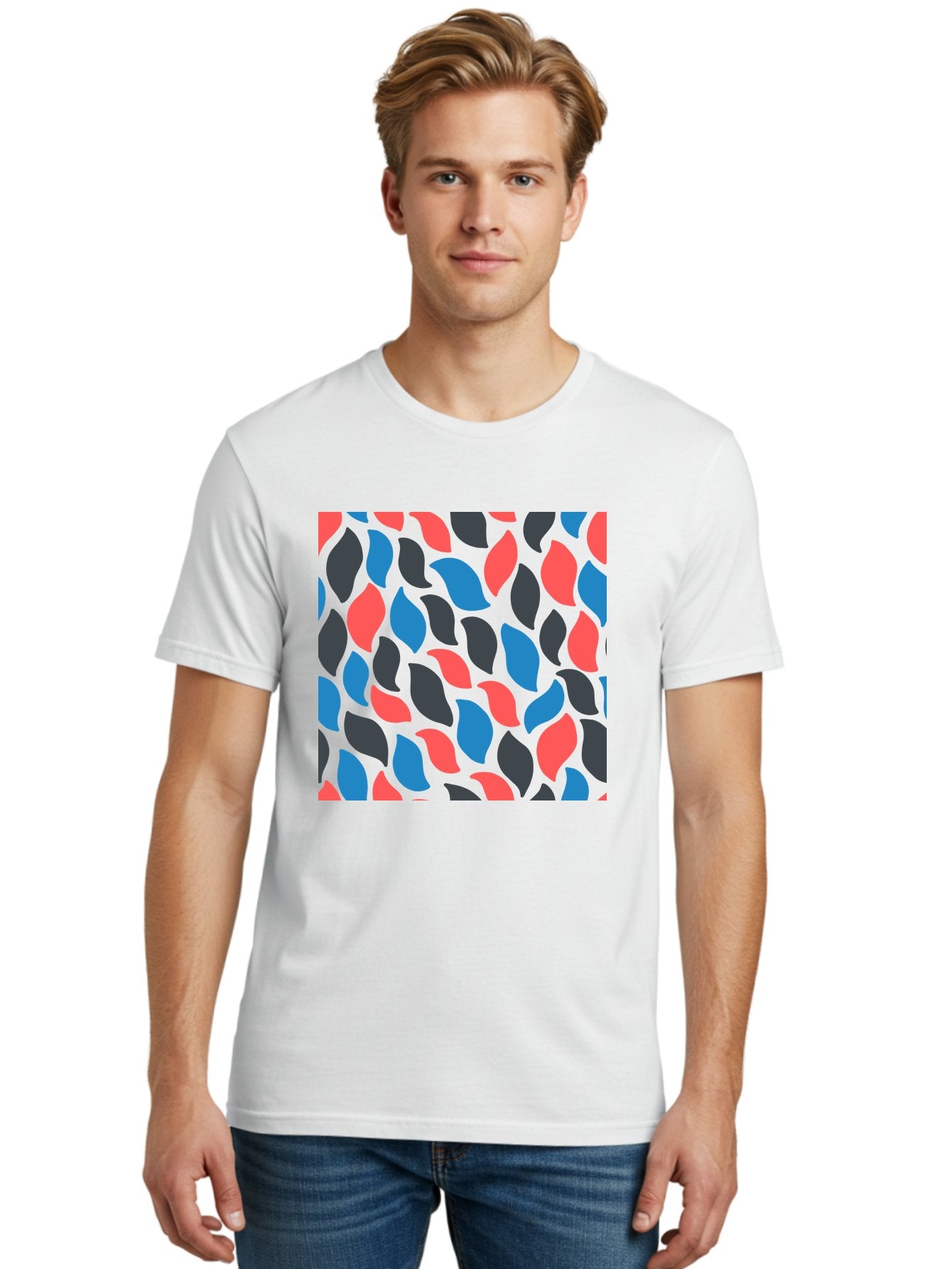 Red-Blue-Black-Leaves Men'S Graphic Tee, 100% Cotton, Comfortable Casual Summer Wear, Machine Washable, Colorful Leaf Pattern, Abstract Design, Red Blue Black Leaves, Vibrant Colors, Modern Art, Leaf Motif, Graphic Design, Creative Pattern, Aab781 17