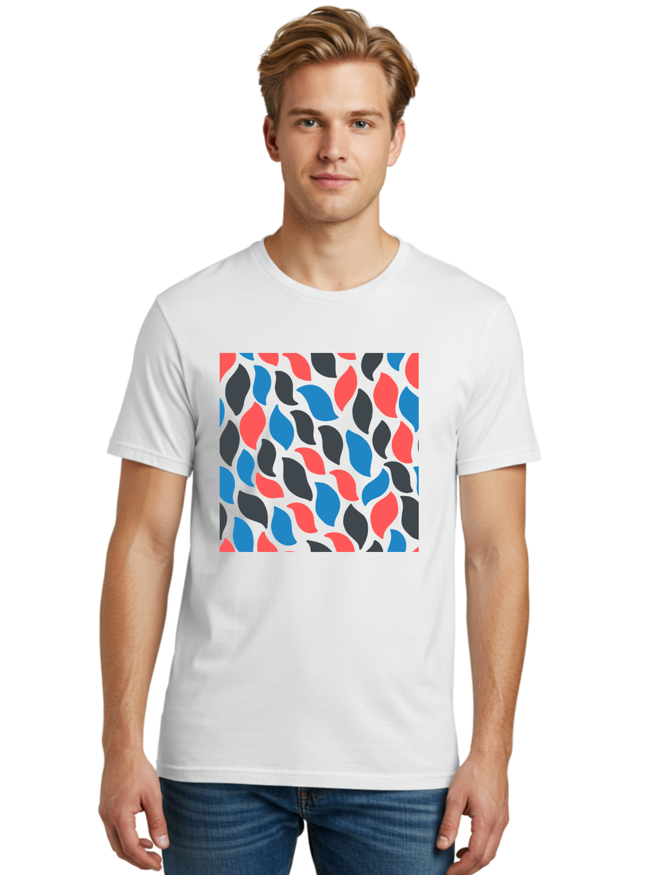 Red-Blue-Black-Leaves Men'S Graphic Tee, 100% Cotton, Comfortable Casual Summer Wear, Machine Washable, Colorful Leaf Pattern, Abstract Design, Red Blue Black Leaves, Vibrant Colors, Modern Art, Leaf Motif, Graphic Design, Creative Pattern, Aab781 28