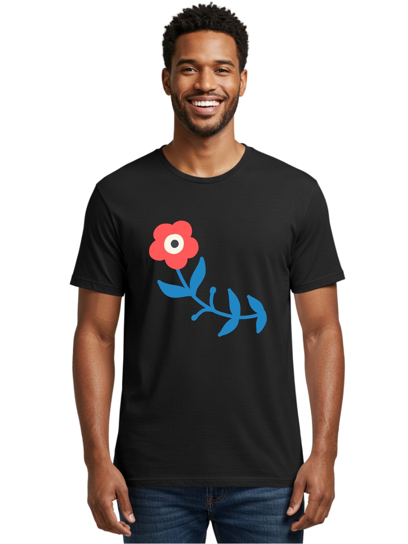 Red-Flower-With-Eye Men'S Graphic Tee, 100% Cotton, Comfortable Casual Summer Wear, Machine Washable, Stylized Red Flower, Blue Leaves, Floral Design, Abstract Art, Surrealism, Creative Expression, Unique Graphic, Simple Shapes, Bold Colors, Aab783 22