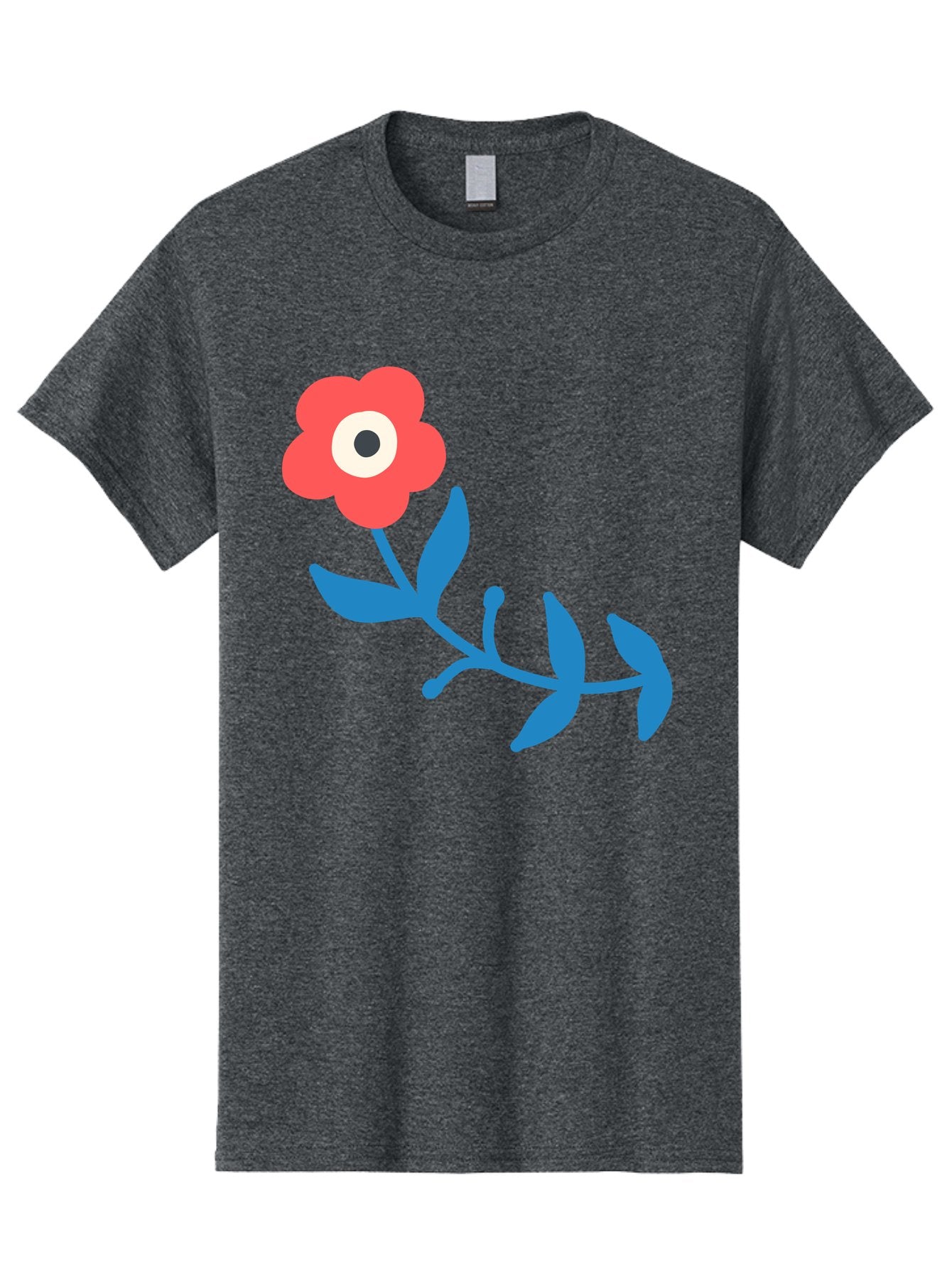 Red-Flower-With-Eye Men'S Graphic Tee, 100% Cotton, Comfortable Casual Summer Wear, Machine Washable, Stylized Red Flower, Blue Leaves, Floral Design, Abstract Art, Surrealism, Creative Expression, Unique Graphic, Simple Shapes, Bold Colors, Aab783 12