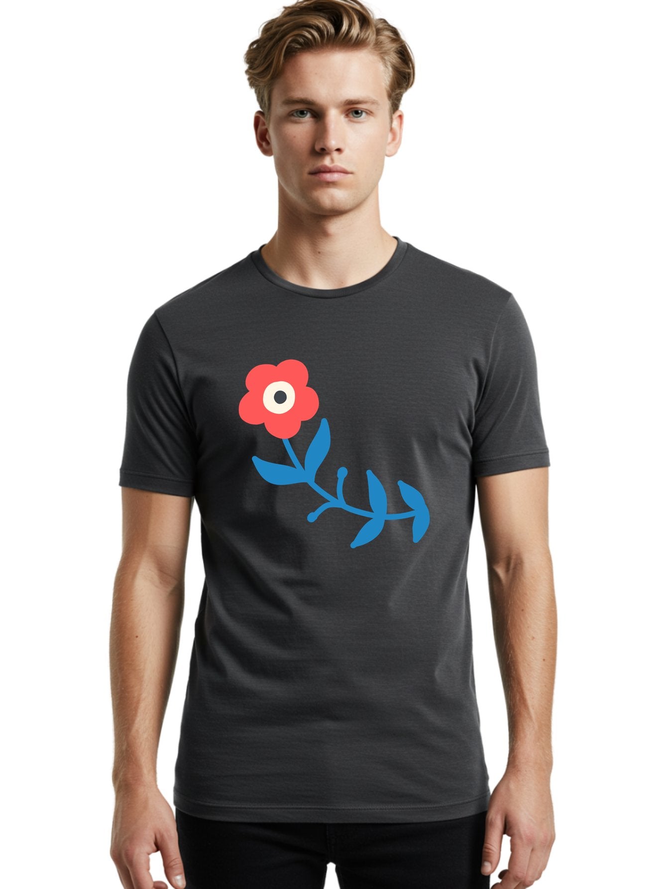 Red-Flower-With-Eye Men'S Graphic Tee, 100% Cotton, Comfortable Casual Summer Wear, Machine Washable, Stylized Red Flower, Blue Leaves, Floral Design, Abstract Art, Surrealism, Creative Expression, Unique Graphic, Simple Shapes, Bold Colors, Aab783 28