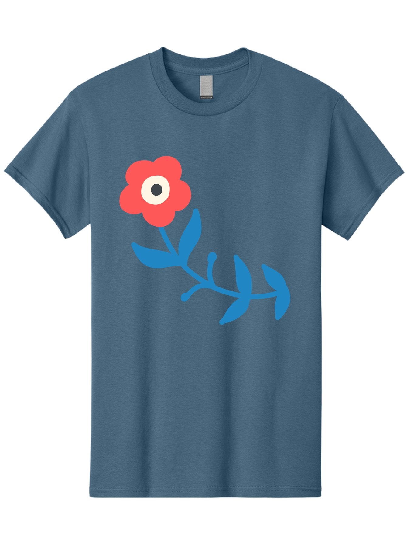 Red-Flower-With-Eye Men'S Graphic Tee, 100% Cotton, Comfortable Casual Summer Wear, Machine Washable, Stylized Red Flower, Blue Leaves, Floral Design, Abstract Art, Surrealism, Creative Expression, Unique Graphic, Simple Shapes, Bold Colors, Aab783