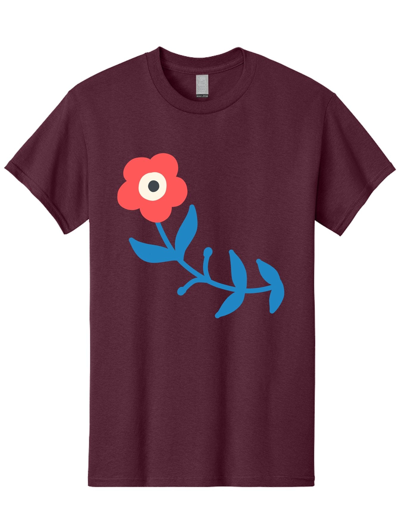 Red-Flower-With-Eye Men'S Graphic Tee, 100% Cotton, Comfortable Casual Summer Wear, Machine Washable, Stylized Red Flower, Blue Leaves, Floral Design, Abstract Art, Surrealism, Creative Expression, Unique Graphic, Simple Shapes, Bold Colors, Aab783 6
