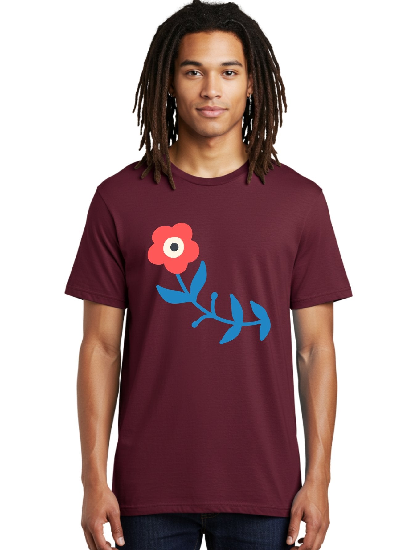 Red-Flower-With-Eye Men'S Graphic Tee, 100% Cotton, Comfortable Casual Summer Wear, Machine Washable, Stylized Red Flower, Blue Leaves, Floral Design, Abstract Art, Surrealism, Creative Expression, Unique Graphic, Simple Shapes, Bold Colors, Aab783 24