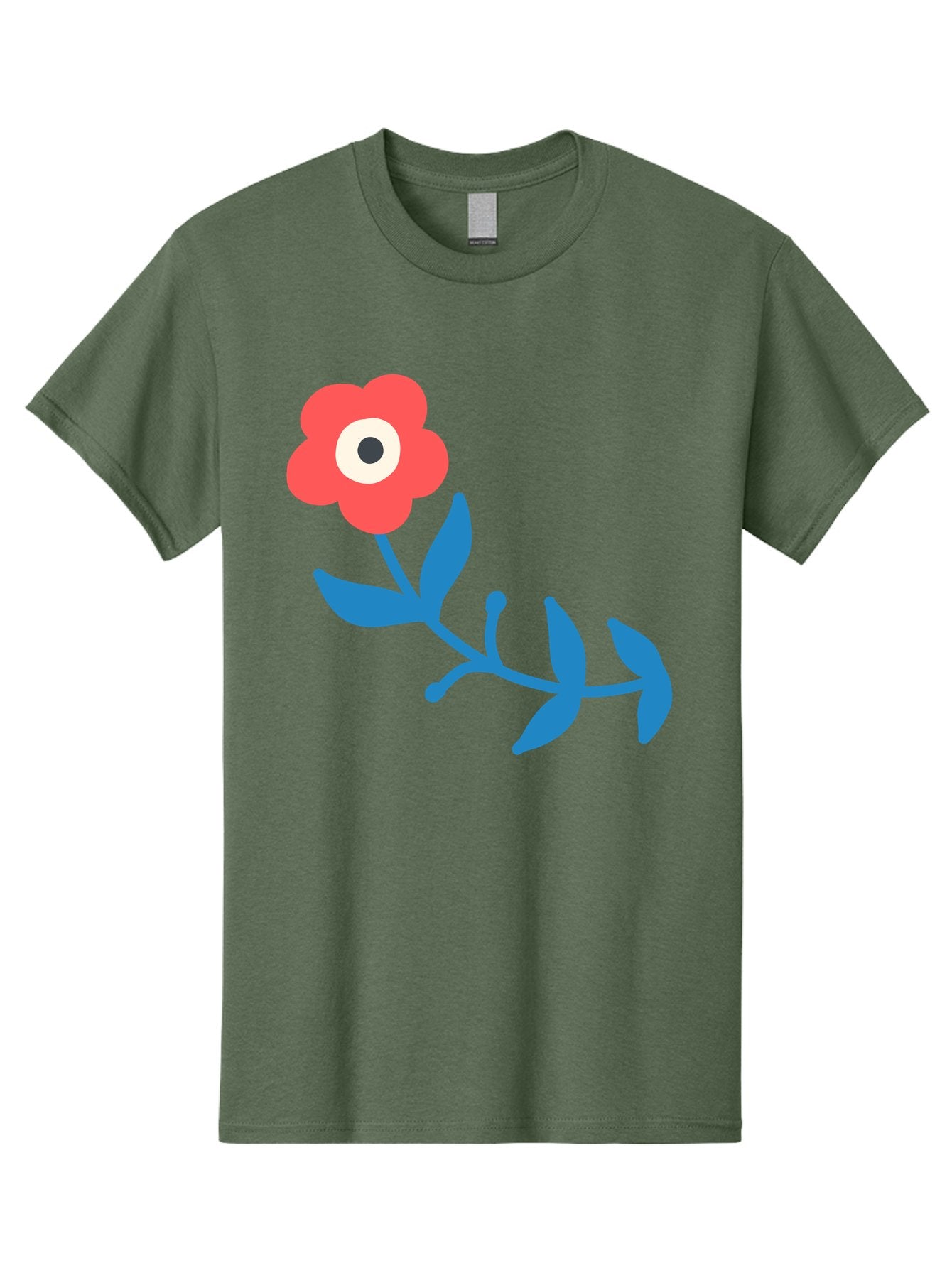 Red-Flower-With-Eye Men'S Graphic Tee, 100% Cotton, Comfortable Casual Summer Wear, Machine Washable, Stylized Red Flower, Blue Leaves, Floral Design, Abstract Art, Surrealism, Creative Expression, Unique Graphic, Simple Shapes, Bold Colors, Aab783 13