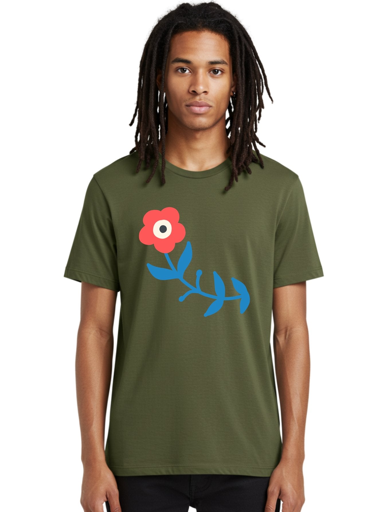 Red-Flower-With-Eye Men'S Graphic Tee, 100% Cotton, Comfortable Casual Summer Wear, Machine Washable, Stylized Red Flower, Blue Leaves, Floral Design, Abstract Art, Surrealism, Creative Expression, Unique Graphic, Simple Shapes, Bold Colors, Aab783 20