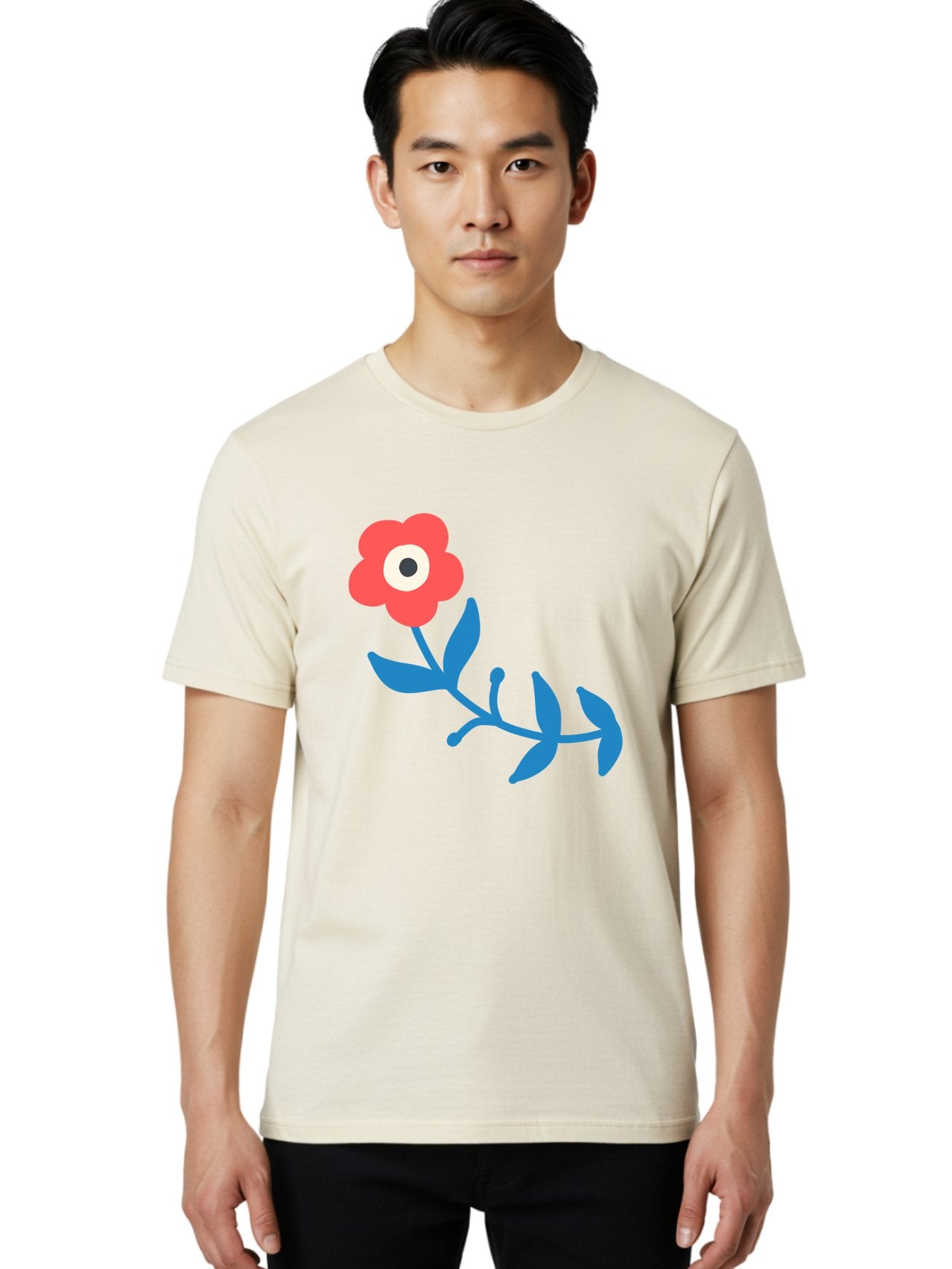 Red-Flower-With-Eye Men'S Graphic Tee, 100% Cotton, Comfortable Casual Summer Wear, Machine Washable, Stylized Red Flower, Blue Leaves, Floral Design, Abstract Art, Surrealism, Creative Expression, Unique Graphic, Simple Shapes, Bold Colors, Aab783 16