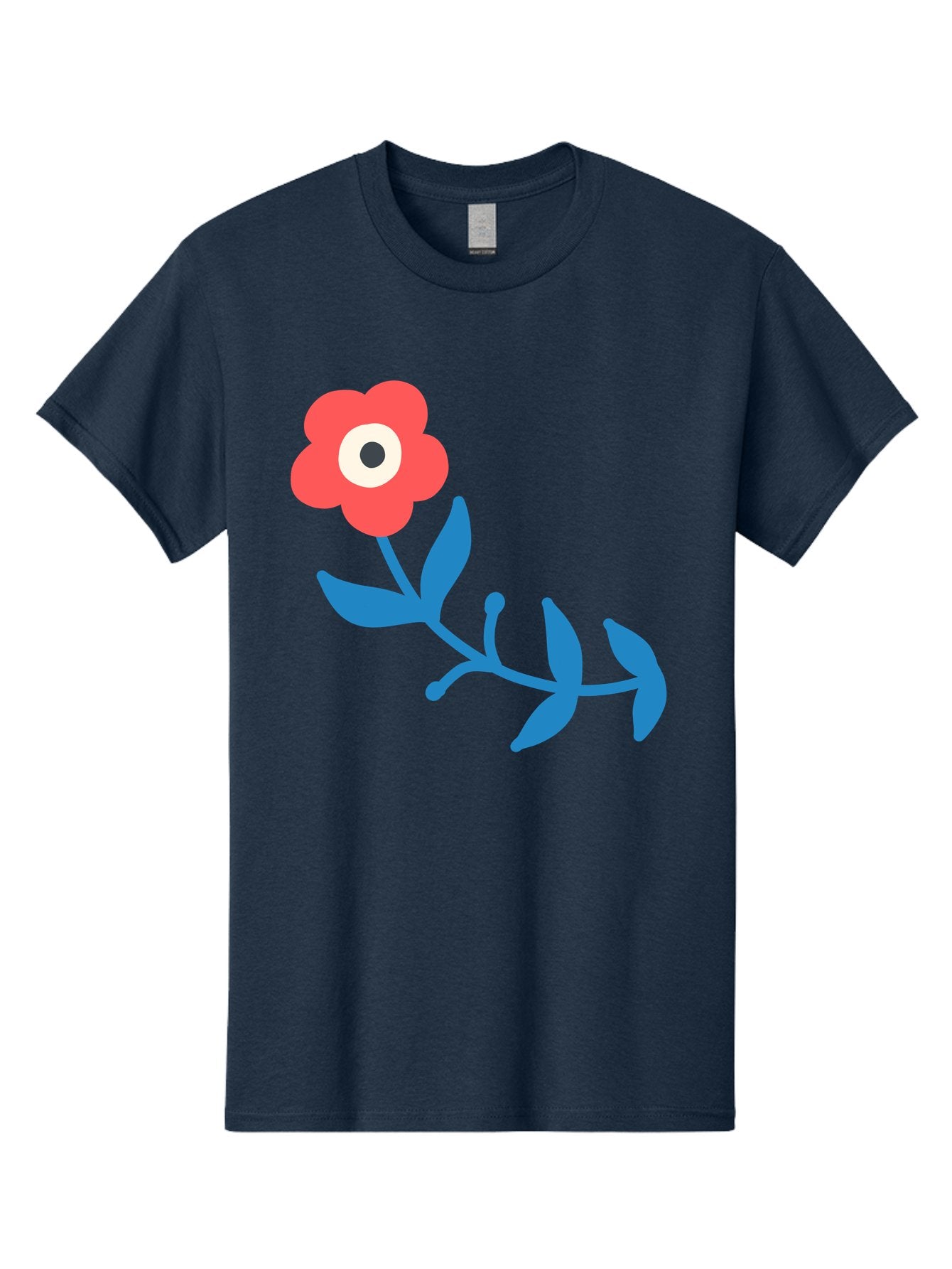 Red-Flower-With-Eye Men'S Graphic Tee, 100% Cotton, Comfortable Casual Summer Wear, Machine Washable, Stylized Red Flower, Blue Leaves, Floral Design, Abstract Art, Surrealism, Creative Expression, Unique Graphic, Simple Shapes, Bold Colors, Aab783 4