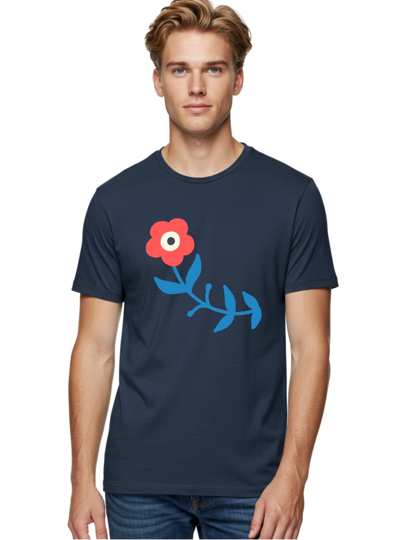 Red-Flower-With-Eye Men'S Graphic Tee, 100% Cotton, Comfortable Casual Summer Wear, Machine Washable, Stylized Red Flower, Blue Leaves, Floral Design, Abstract Art, Surrealism, Creative Expression, Unique Graphic, Simple Shapes, Bold Colors, Aab783 18