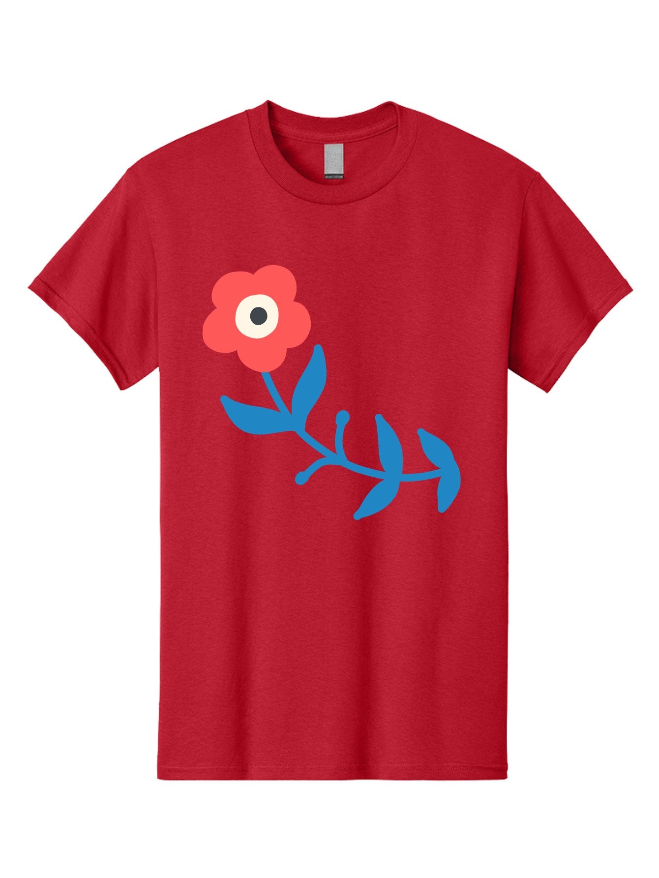 Red-Flower-With-Eye Men'S Graphic Tee, 100% Cotton, Comfortable Casual Summer Wear, Machine Washable, Stylized Red Flower, Blue Leaves, Floral Design, Abstract Art, Surrealism, Creative Expression, Unique Graphic, Simple Shapes, Bold Colors, Aab783 15