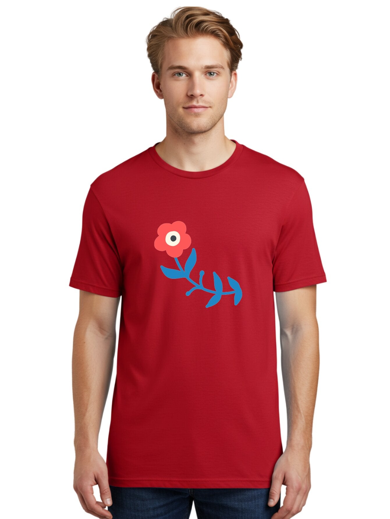 Red-Flower-With-Eye Men'S Graphic Tee, 100% Cotton, Comfortable Casual Summer Wear, Machine Washable, Stylized Red Flower, Blue Leaves, Floral Design, Abstract Art, Surrealism, Creative Expression, Unique Graphic, Simple Shapes, Bold Colors, Aab783 30