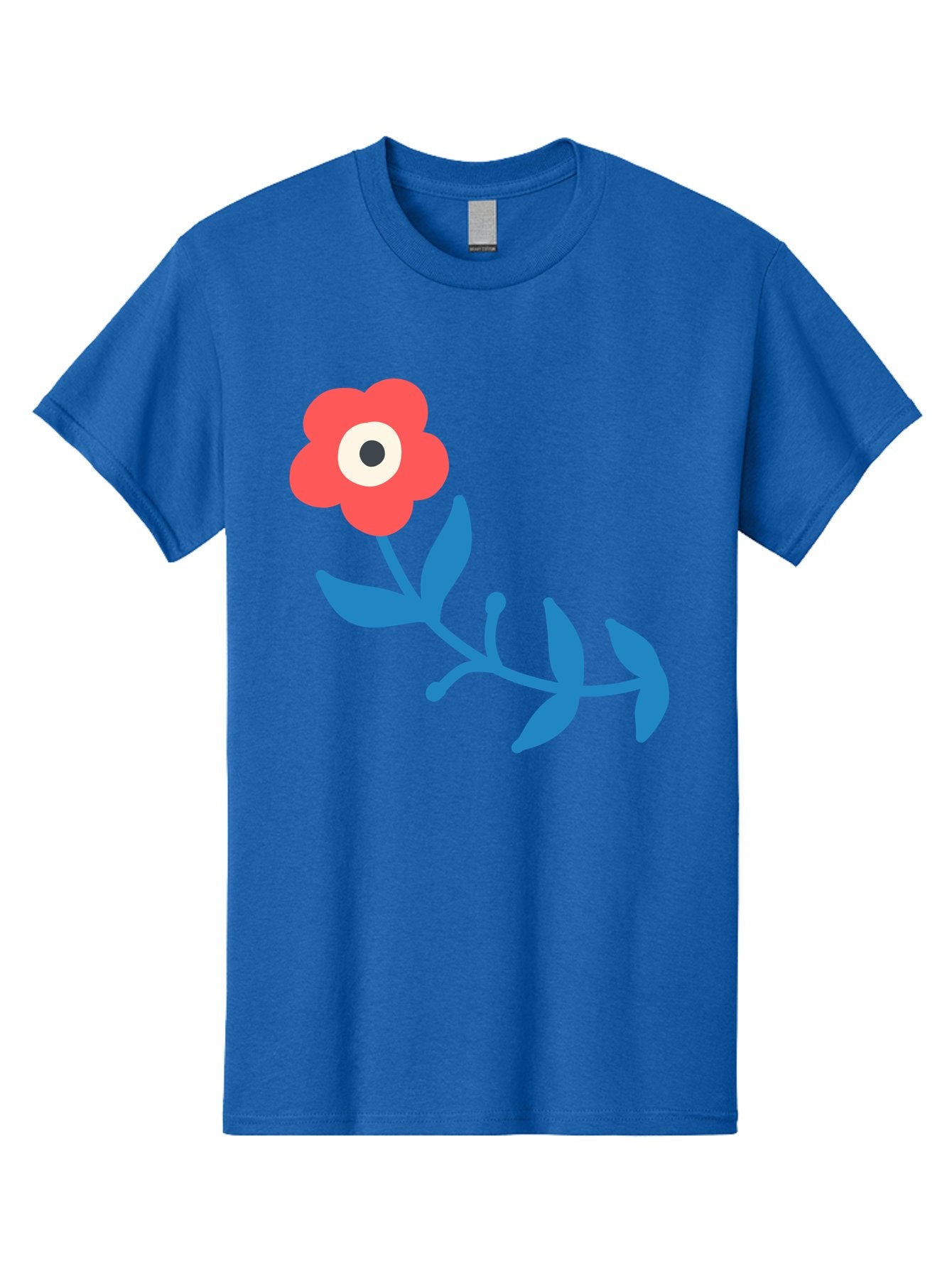 Red-Flower-With-Eye Men'S Graphic Tee, 100% Cotton, Comfortable Casual Summer Wear, Machine Washable, Stylized Red Flower, Blue Leaves, Floral Design, Abstract Art, Surrealism, Creative Expression, Unique Graphic, Simple Shapes, Bold Colors, Aab783 14