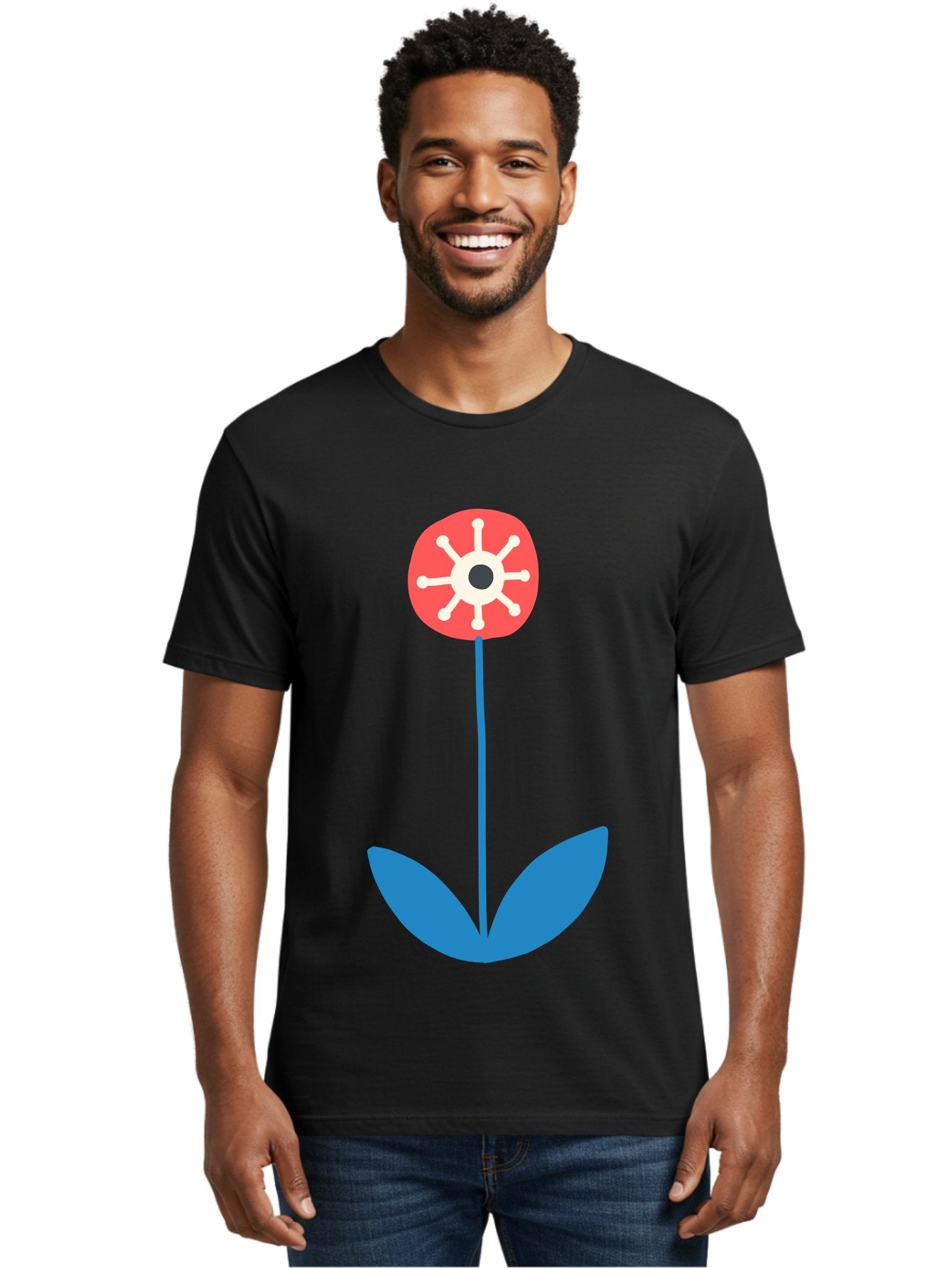 Red-Flower Men'S Graphic Tee, 100% Cotton, Comfortable Casual Summer Wear, Machine Washable, Simple Flower Design, Minimalist Art, Red Flower, Blue Leaves, White Petals, Graphic Illustration, Modern Style, Symbolic Flower, Aab784 19