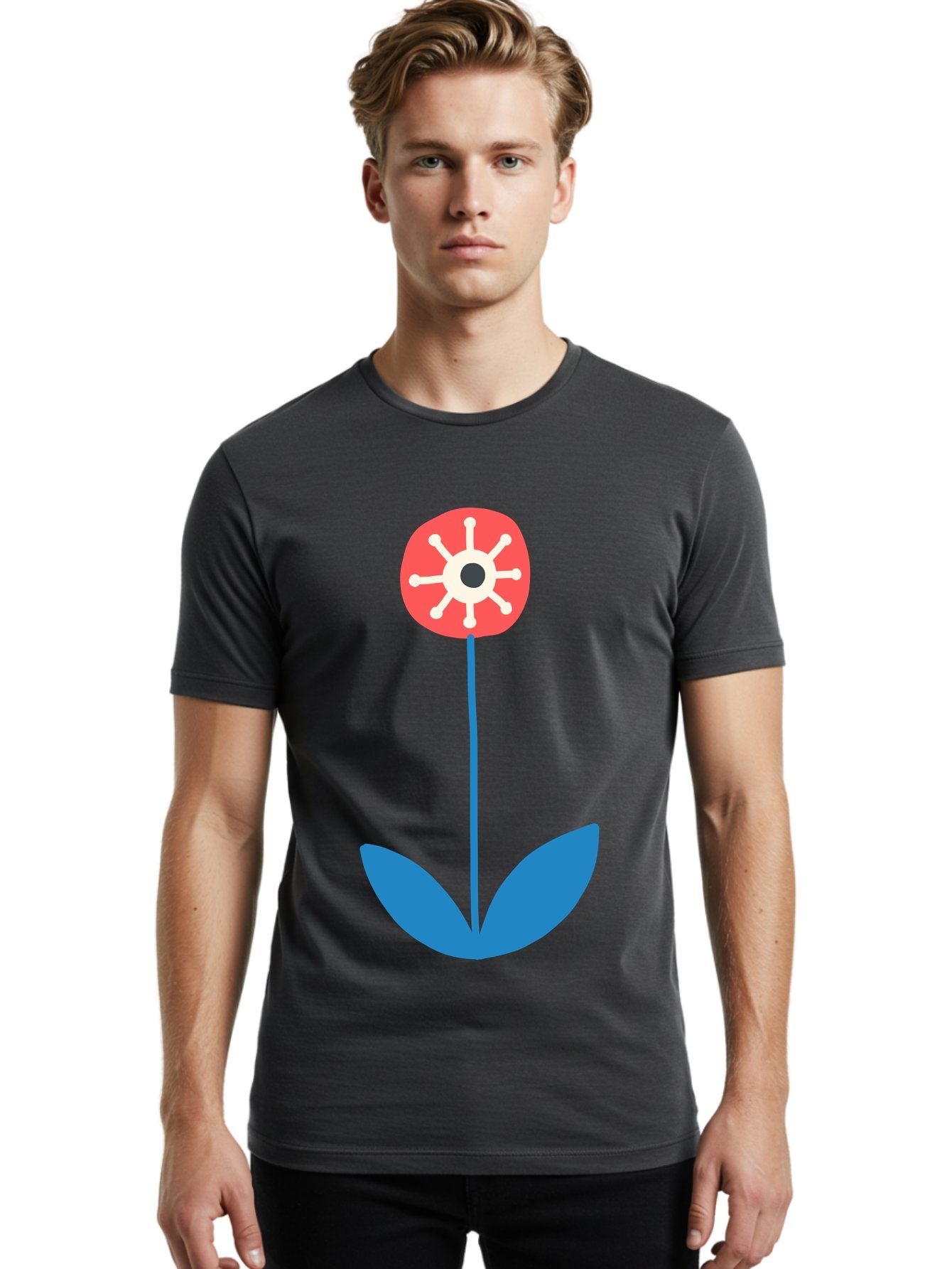 Red-Flower Men'S Graphic Tee, 100% Cotton, Comfortable Casual Summer Wear, Machine Washable, Simple Flower Design, Minimalist Art, Red Flower, Blue Leaves, White Petals, Graphic Illustration, Modern Style, Symbolic Flower, Aab784 24