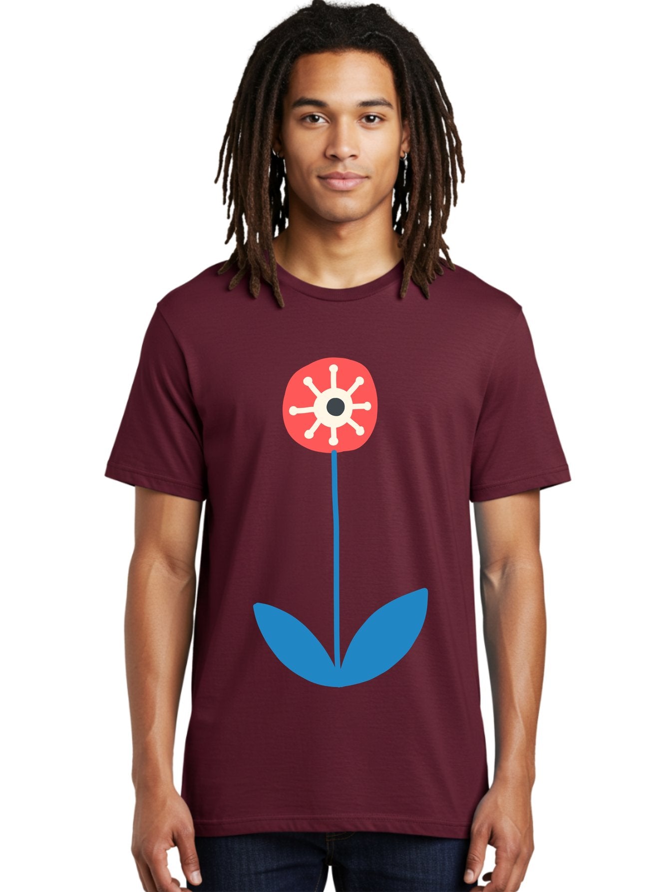 Red-Flower Men'S Graphic Tee, 100% Cotton, Comfortable Casual Summer Wear, Machine Washable, Simple Flower Design, Minimalist Art, Red Flower, Blue Leaves, White Petals, Graphic Illustration, Modern Style, Symbolic Flower, Aab784 29
