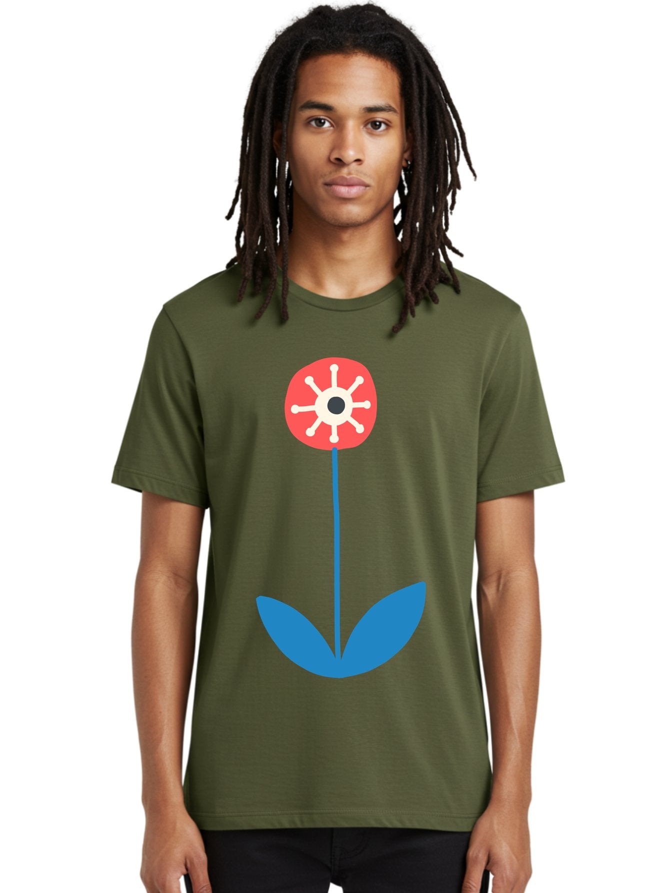 Red-Flower Men'S Graphic Tee, 100% Cotton, Comfortable Casual Summer Wear, Machine Washable, Simple Flower Design, Minimalist Art, Red Flower, Blue Leaves, White Petals, Graphic Illustration, Modern Style, Symbolic Flower, Aab784 21