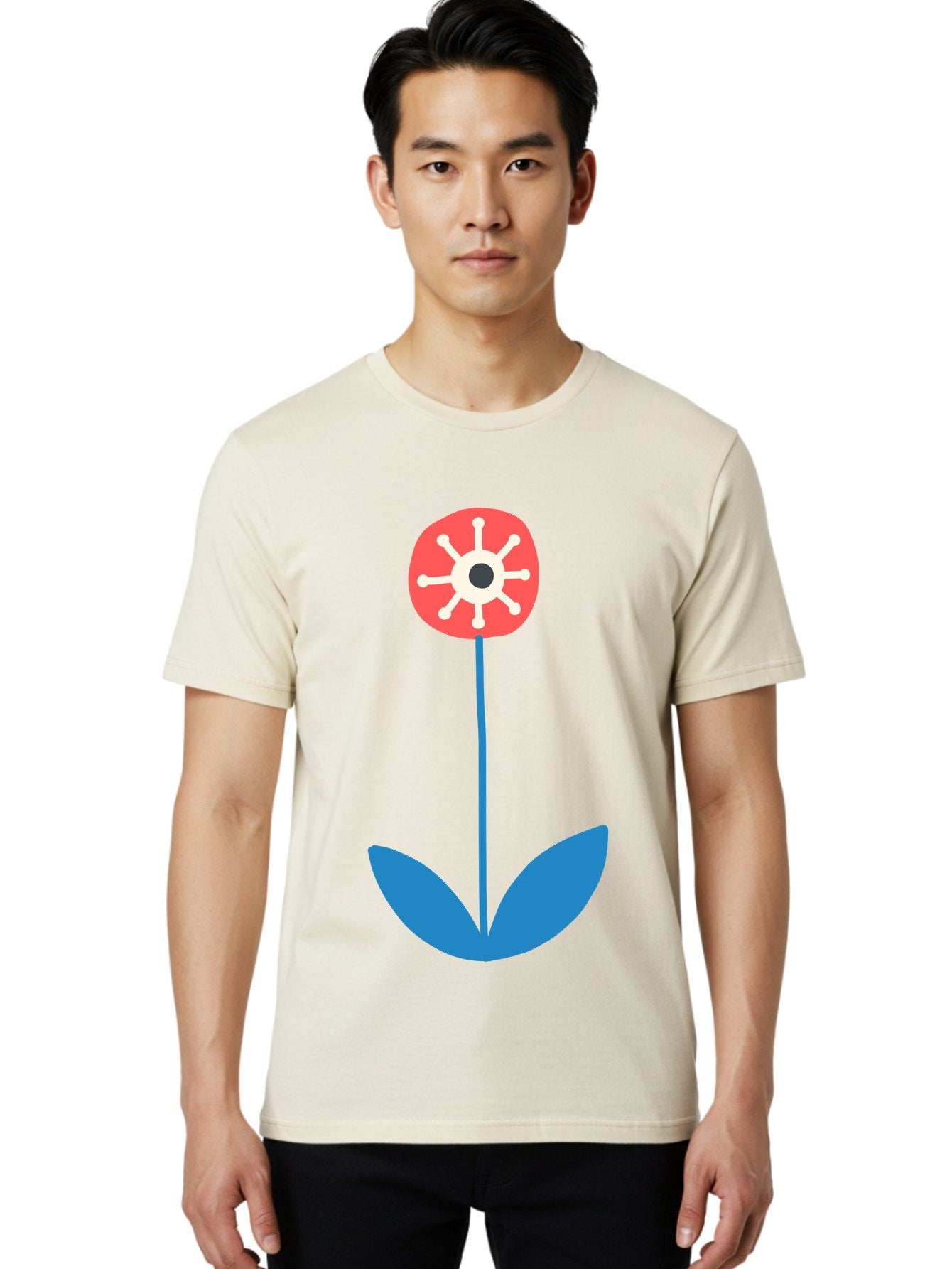 Red-Flower Men'S Graphic Tee, 100% Cotton, Comfortable Casual Summer Wear, Machine Washable, Simple Flower Design, Minimalist Art, Red Flower, Blue Leaves, White Petals, Graphic Illustration, Modern Style, Symbolic Flower, Aab784 17