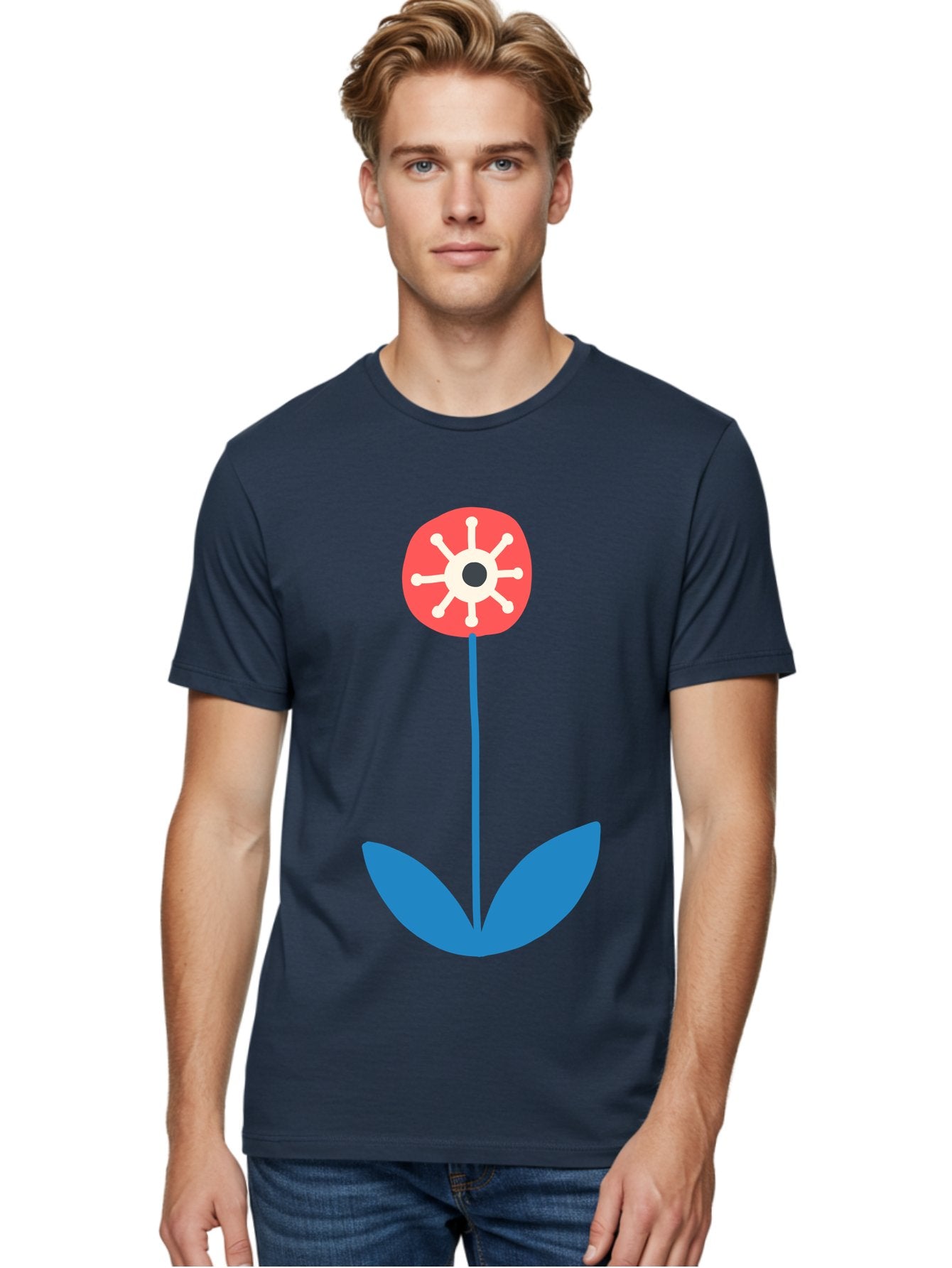 Red-Flower Men'S Graphic Tee, 100% Cotton, Comfortable Casual Summer Wear, Machine Washable, Simple Flower Design, Minimalist Art, Red Flower, Blue Leaves, White Petals, Graphic Illustration, Modern Style, Symbolic Flower, Aab784 27