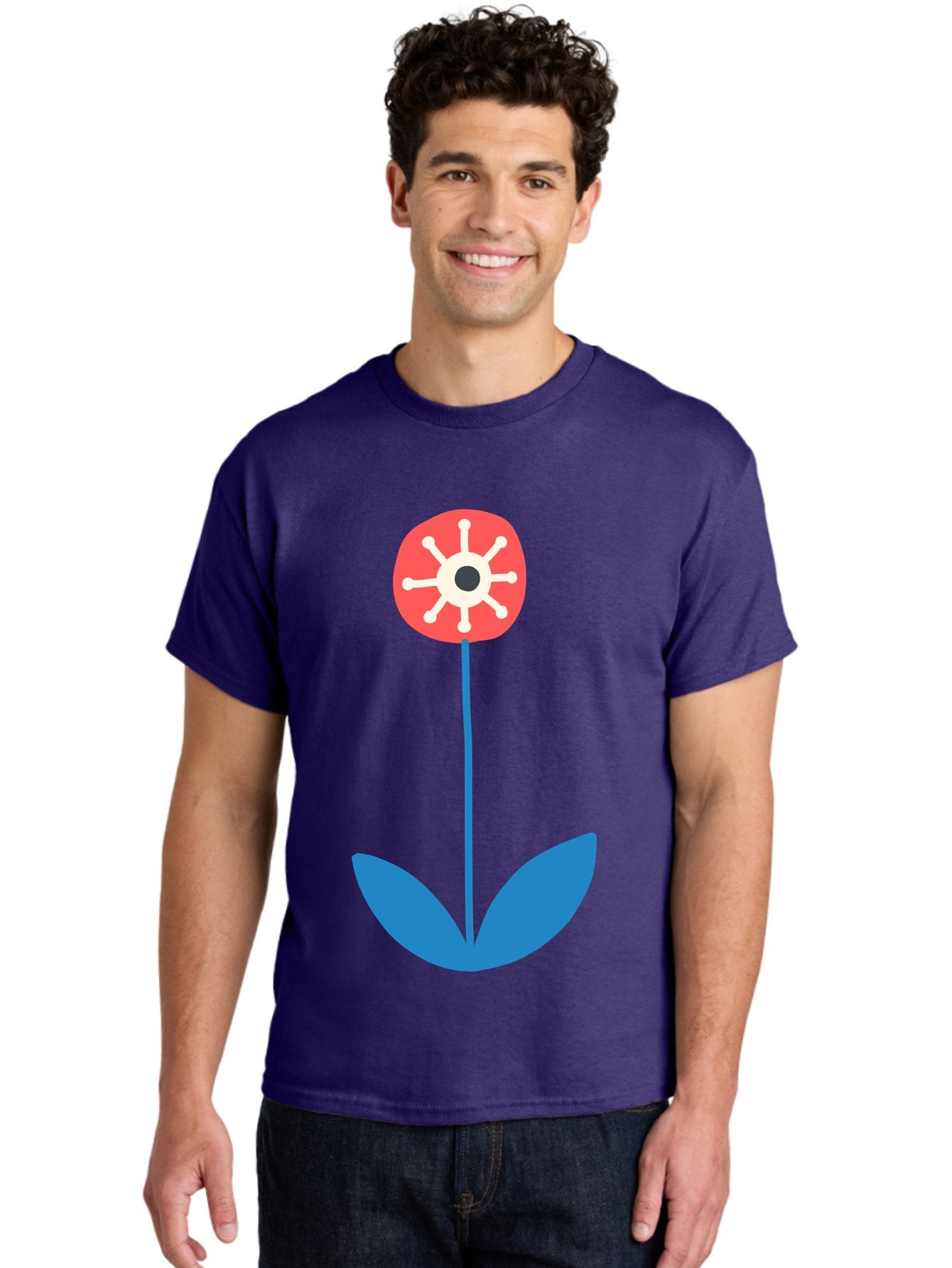 Red-Flower Men'S Graphic Tee, 100% Cotton, Comfortable Casual Summer Wear, Machine Washable, Simple Flower Design, Minimalist Art, Red Flower, Blue Leaves, White Petals, Graphic Illustration, Modern Style, Symbolic Flower, Aab784 16