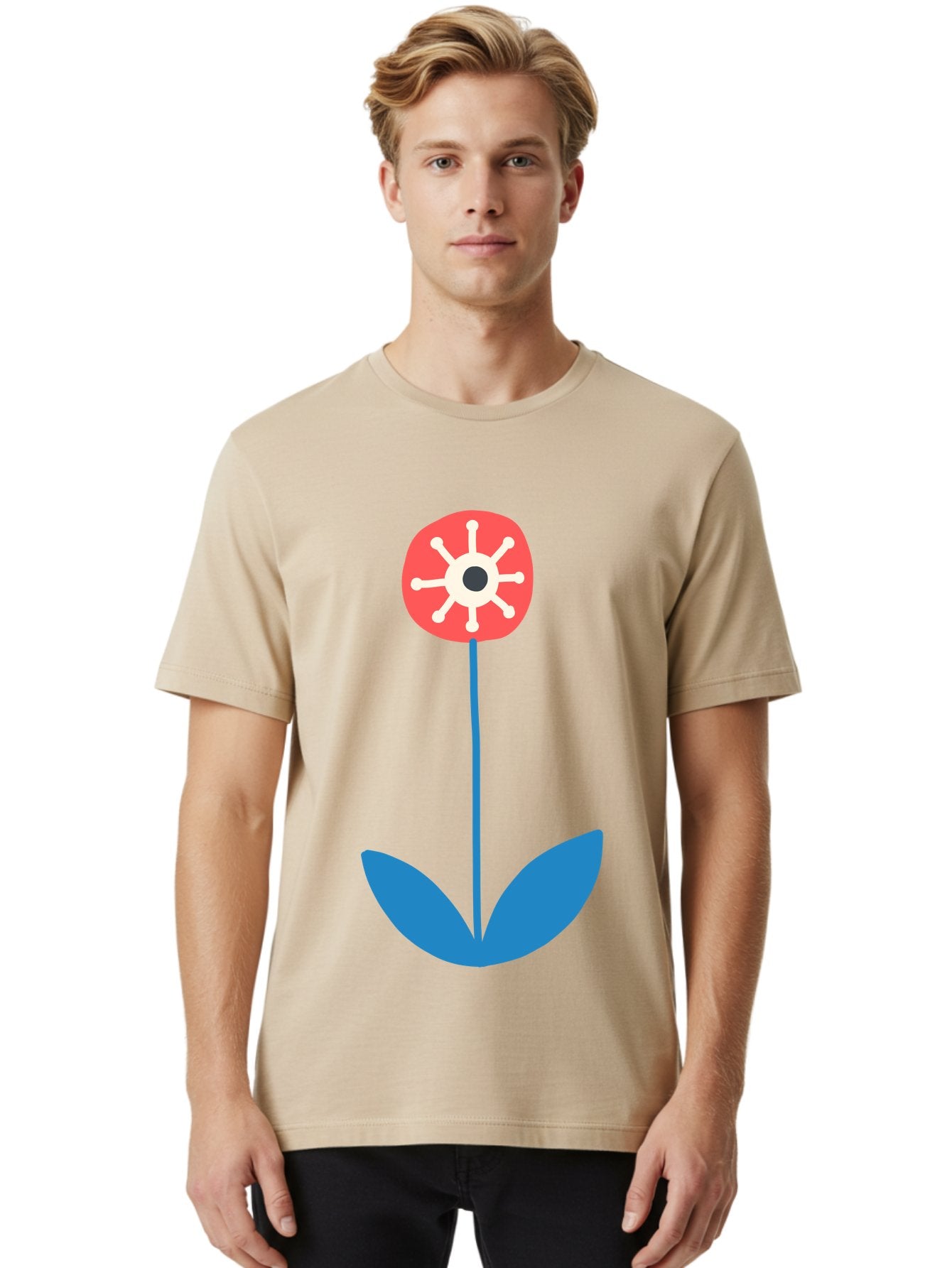 Red-Flower Men'S Graphic Tee, 100% Cotton, Comfortable Casual Summer Wear, Machine Washable, Simple Flower Design, Minimalist Art, Red Flower, Blue Leaves, White Petals, Graphic Illustration, Modern Style, Symbolic Flower, Aab784 25