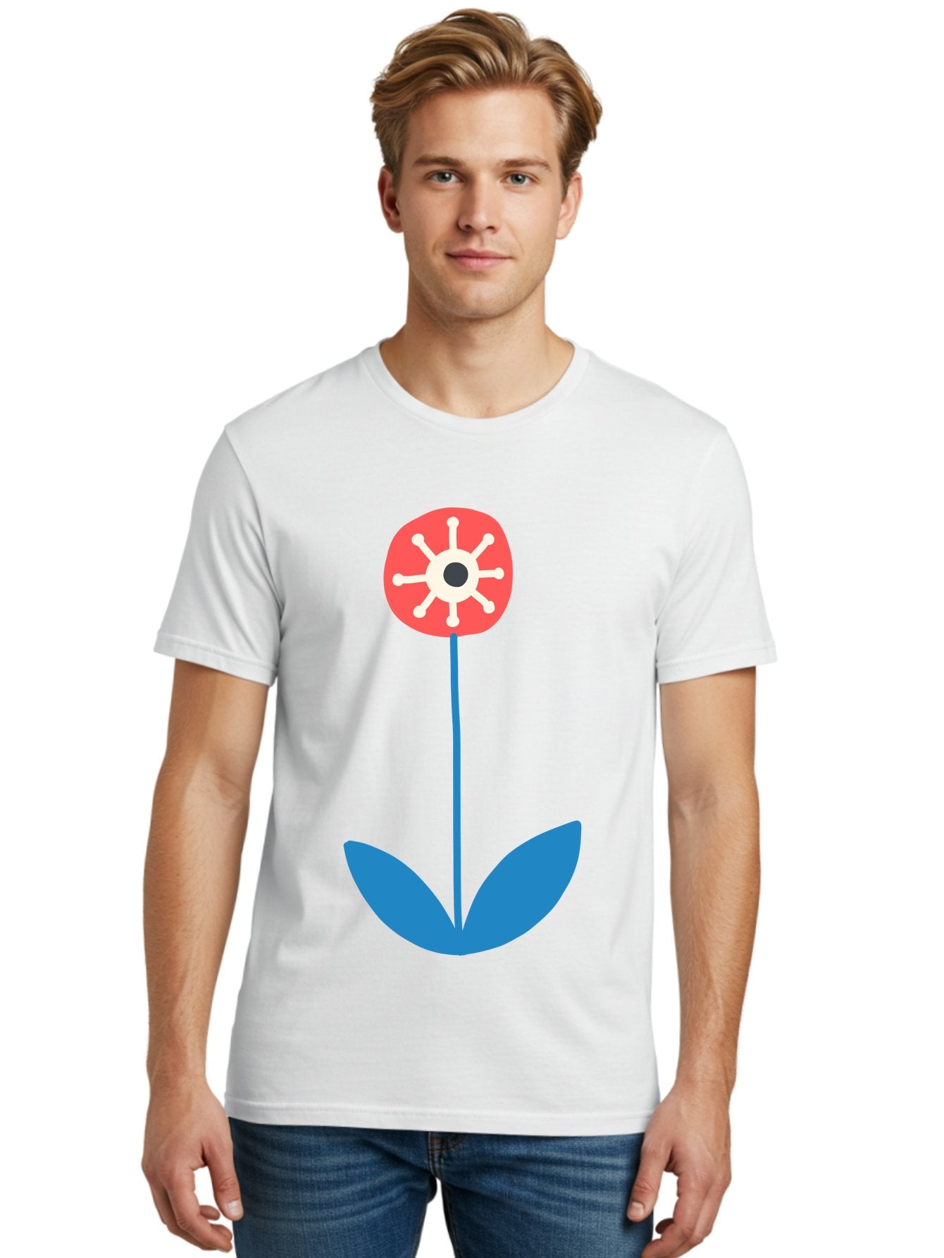 Red-Flower Men'S Graphic Tee, 100% Cotton, Comfortable Casual Summer Wear, Machine Washable, Simple Flower Design, Minimalist Art, Red Flower, Blue Leaves, White Petals, Graphic Illustration, Modern Style, Symbolic Flower, Aab784 23
