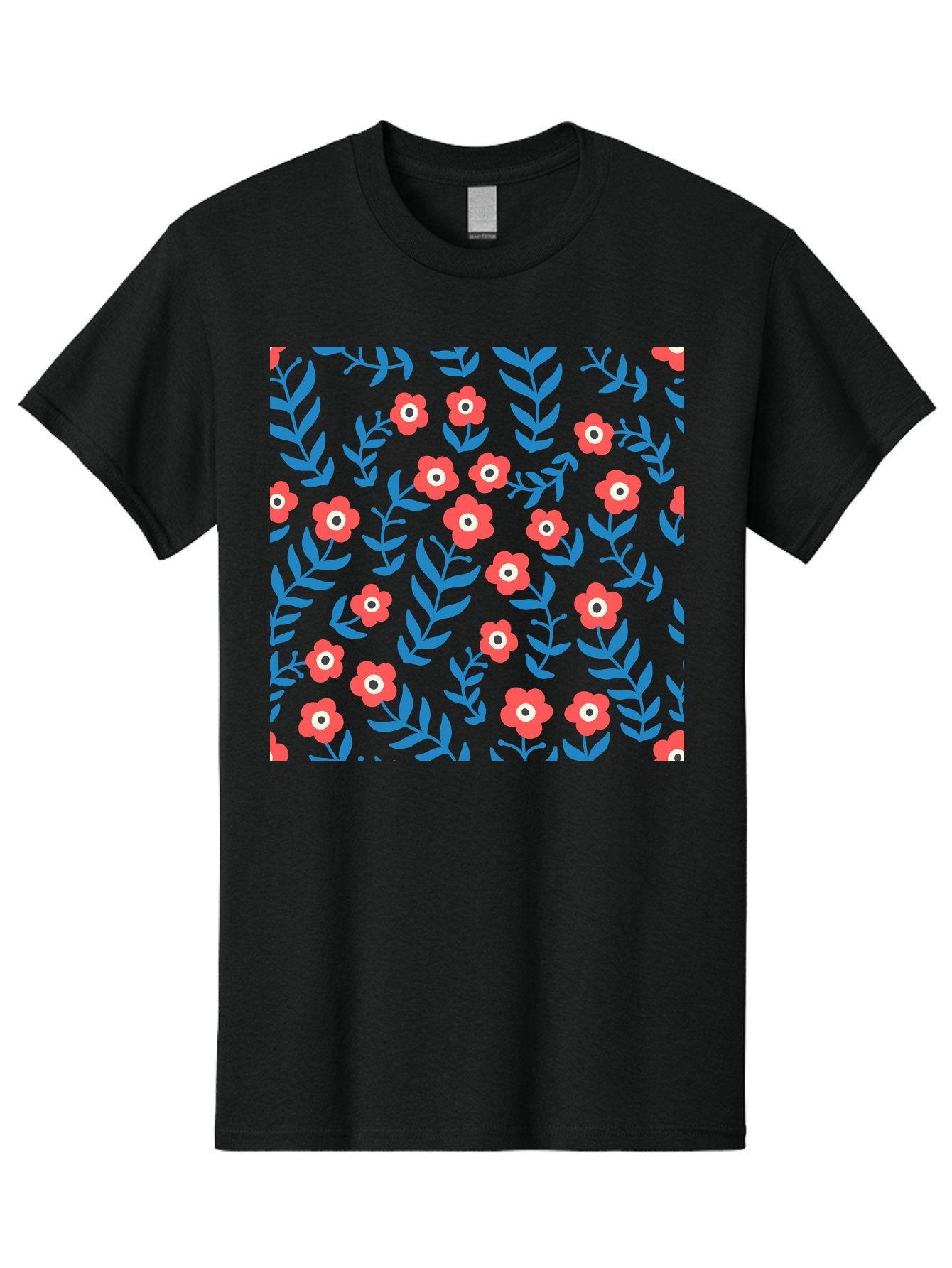 Red-Flowers-With-Blue-Leaves Men'S Graphic Tee, 100% Cotton, Comfortable Casual Summer Wear, Machine Washable, Red Flowers, Blue Leaves, Floral Pattern, Repeating Design, Vibrant Colors, Stylized Blooms, Abstract Flowers, Digital Art Aab785 3