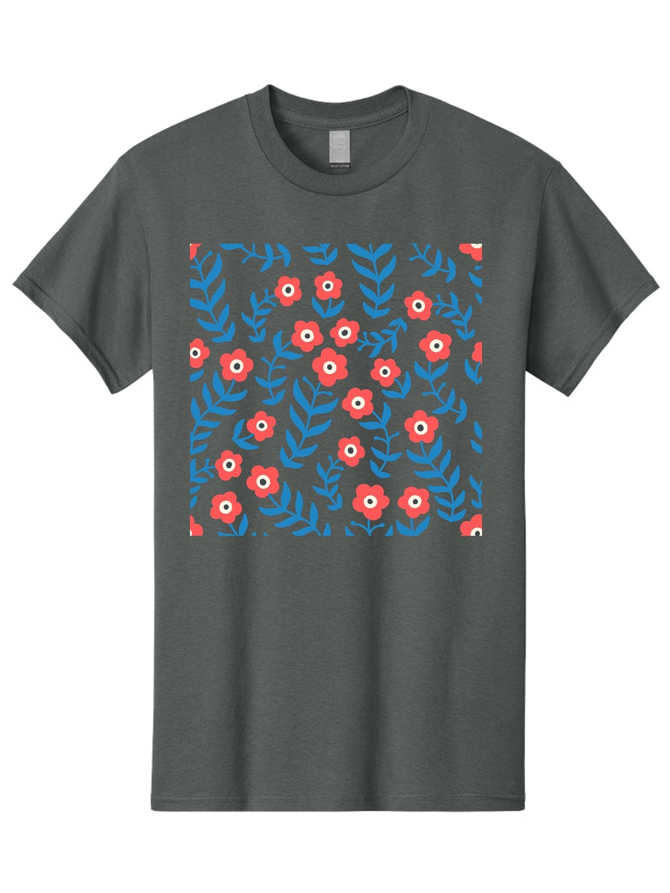 Red-Flowers-With-Blue-Leaves Men'S Graphic Tee, 100% Cotton, Comfortable Casual Summer Wear, Machine Washable, Red Flowers, Blue Leaves, Floral Pattern, Repeating Design, Vibrant Colors, Stylized Blooms, Abstract Flowers, Digital Art Aab785 7