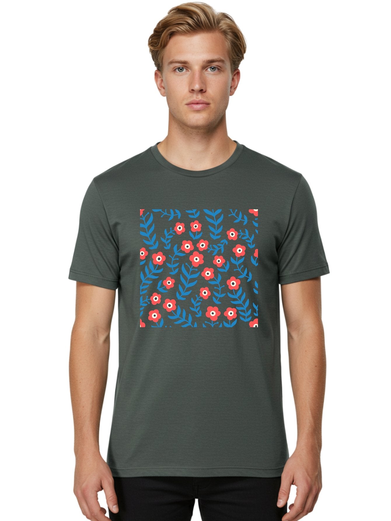 Red-Flowers-With-Blue-Leaves Men'S Graphic Tee, 100% Cotton, Comfortable Casual Summer Wear, Machine Washable, Red Flowers, Blue Leaves, Floral Pattern, Repeating Design, Vibrant Colors, Stylized Blooms, Abstract Flowers, Digital Art Aab785 16
