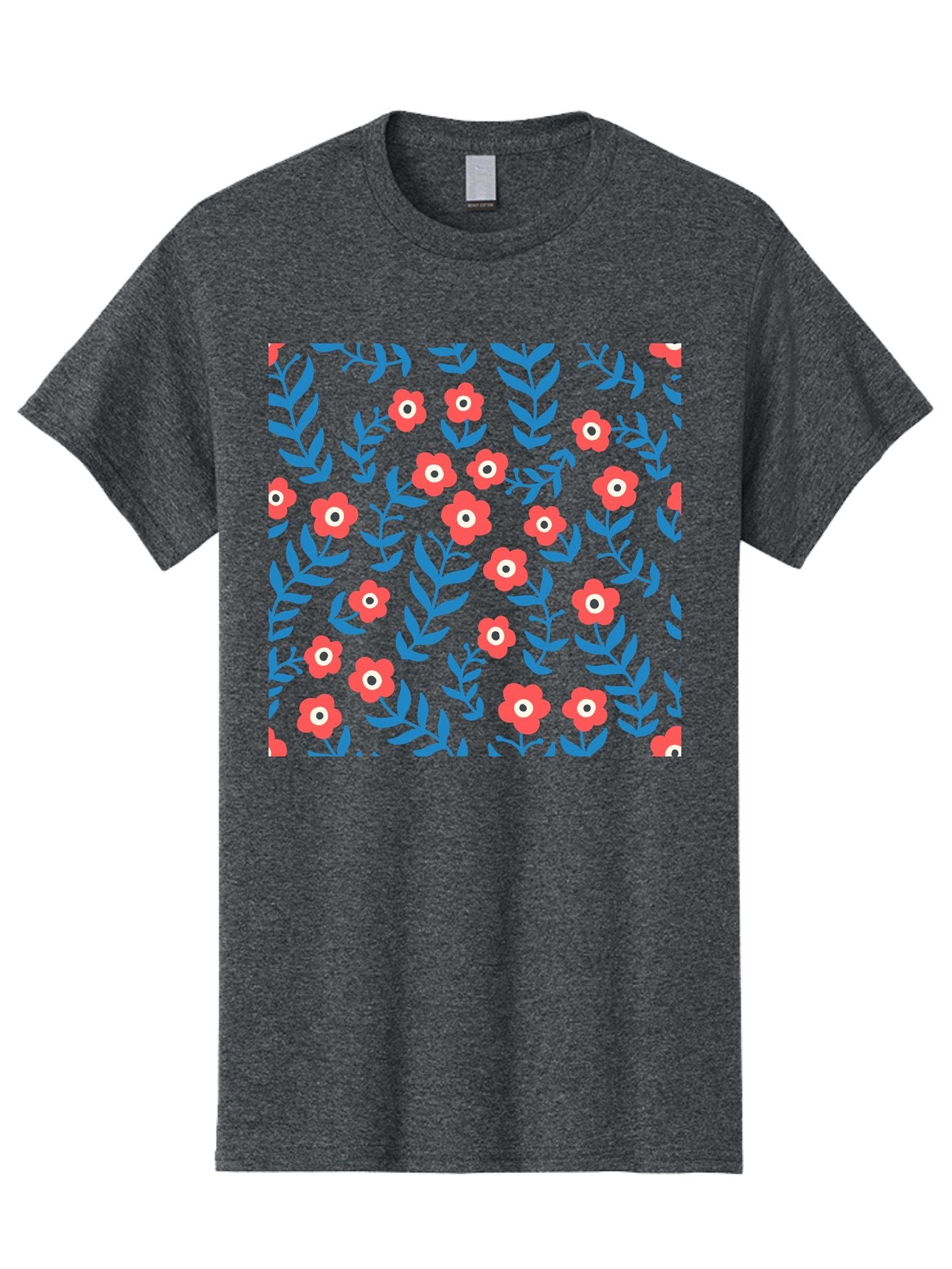 Red-Flowers-With-Blue-Leaves Men'S Graphic Tee, 100% Cotton, Comfortable Casual Summer Wear, Machine Washable, Red Flowers, Blue Leaves, Floral Pattern, Repeating Design, Vibrant Colors, Stylized Blooms, Abstract Flowers, Digital Art Aab785 11