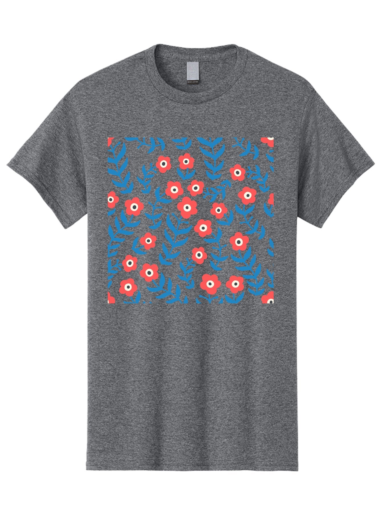 Red-Flowers-With-Blue-Leaves Men'S Graphic Tee, 100% Cotton, Comfortable Casual Summer Wear, Machine Washable, Red Flowers, Blue Leaves, Floral Pattern, Repeating Design, Vibrant Colors, Stylized Blooms, Abstract Flowers, Digital Art Aab785