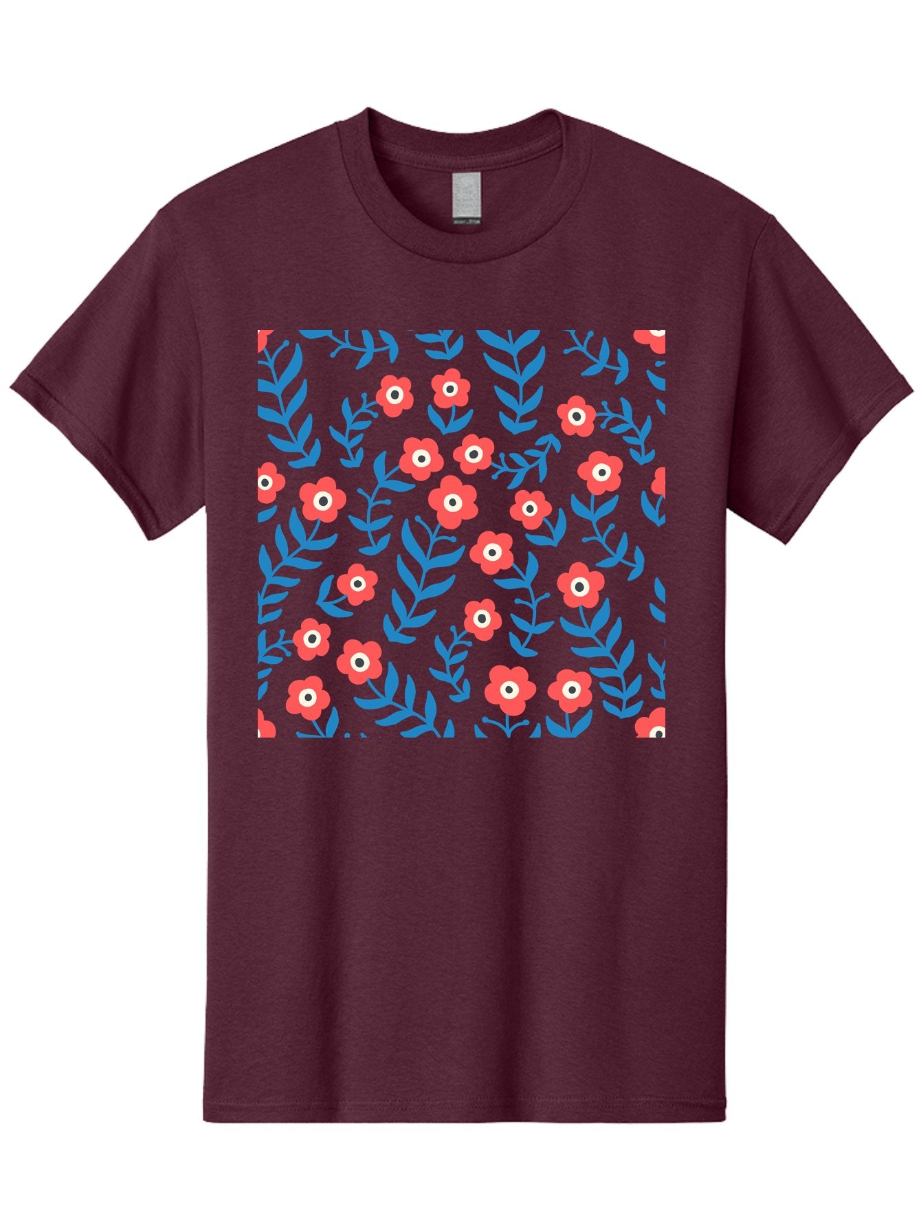 Red-Flowers-With-Blue-Leaves Men'S Graphic Tee, 100% Cotton, Comfortable Casual Summer Wear, Machine Washable, Red Flowers, Blue Leaves, Floral Pattern, Repeating Design, Vibrant Colors, Stylized Blooms, Abstract Flowers, Digital Art Aab785