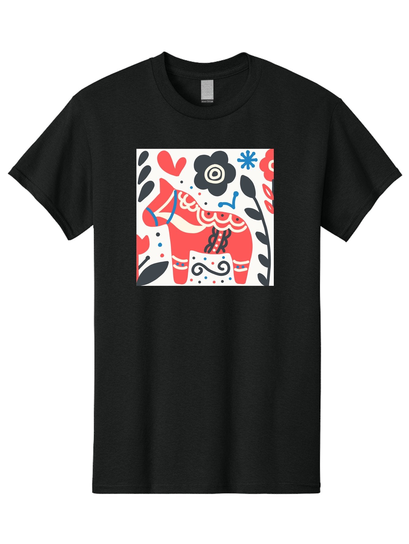 Red-Horse Men'S Graphic Tee, 100% Cotton, Comfortable Casual Summer Wear, Machine Washable, Red Dala Horse, Floral Pattern, Black And Red Flowers, Abstract Design, Folk Art, Swedish Heritage, Decorative Art, Vibrant Colors, Whimsical Design, Aab788 13