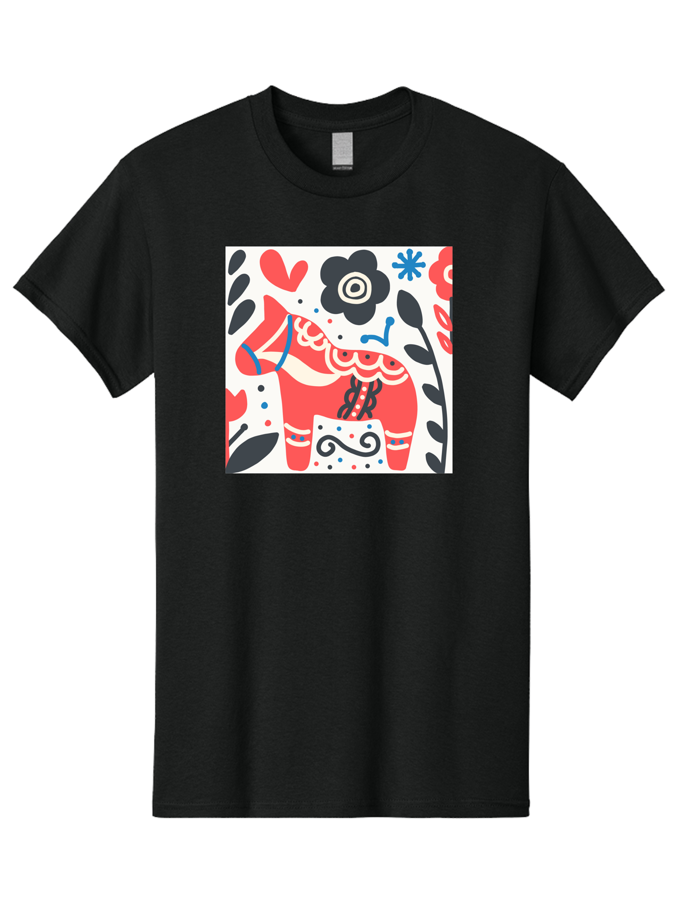 Red-Horse Men'S Graphic Tee, 100% Cotton, Comfortable Casual Summer Wear, Machine Washable, Red Dala Horse, Floral Pattern, Black And Red Flowers, Abstract Design, Folk Art, Swedish Heritage, Decorative Art, Vibrant Colors, Whimsical Design, Aab788 29