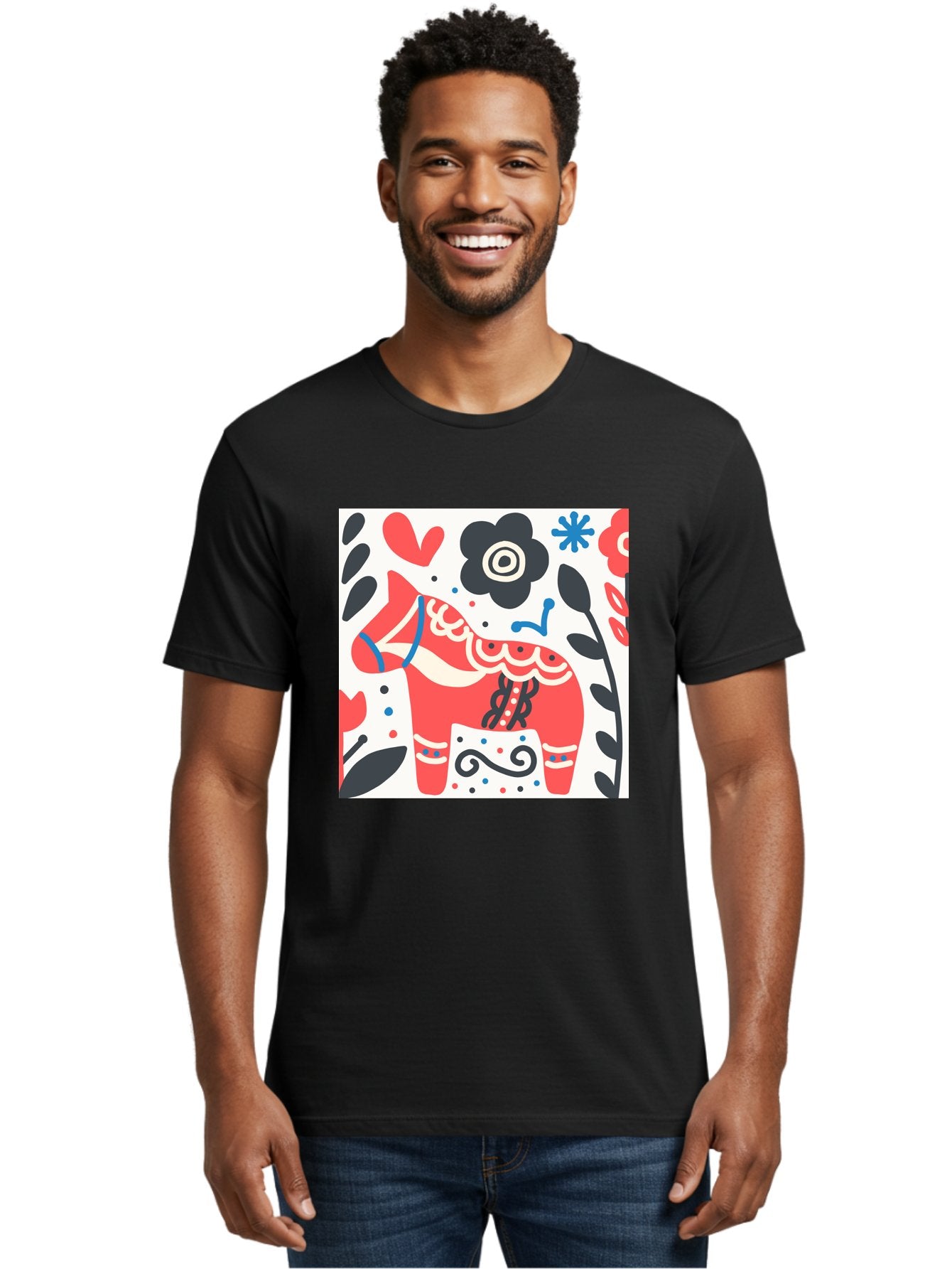 Red-Horse Men'S Graphic Tee, 100% Cotton, Comfortable Casual Summer Wear, Machine Washable, Red Dala Horse, Floral Pattern, Black And Red Flowers, Abstract Design, Folk Art, Swedish Heritage, Decorative Art, Vibrant Colors, Whimsical Design, Aab788 20