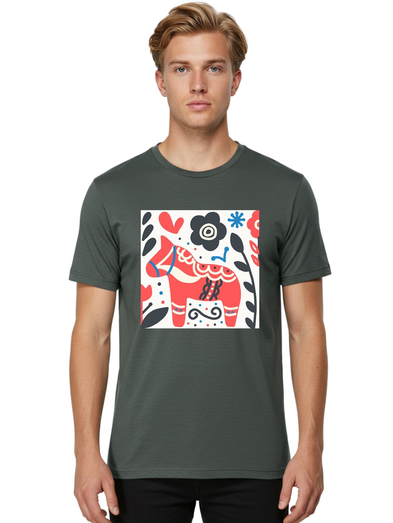 Red-Horse Men'S Graphic Tee, 100% Cotton, Comfortable Casual Summer Wear, Machine Washable, Red Dala Horse, Floral Pattern, Black And Red Flowers, Abstract Design, Folk Art, Swedish Heritage, Decorative Art, Vibrant Colors, Whimsical Design, Aab788 25