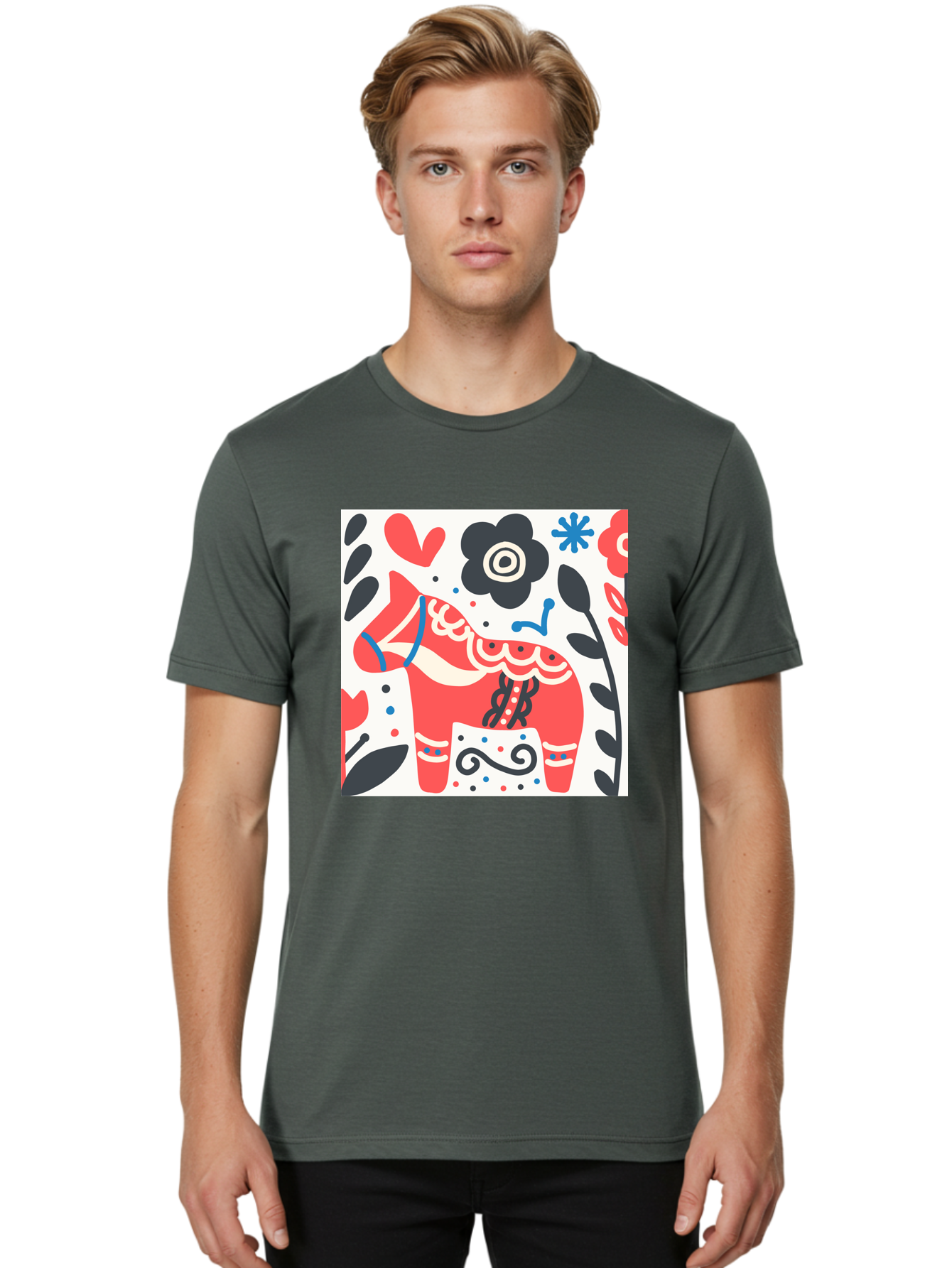 Red-Horse Men'S Graphic Tee, 100% Cotton, Comfortable Casual Summer Wear, Machine Washable, Red Dala Horse, Floral Pattern, Black And Red Flowers, Abstract Design, Folk Art, Swedish Heritage, Decorative Art, Vibrant Colors, Whimsical Design, Aab788 12