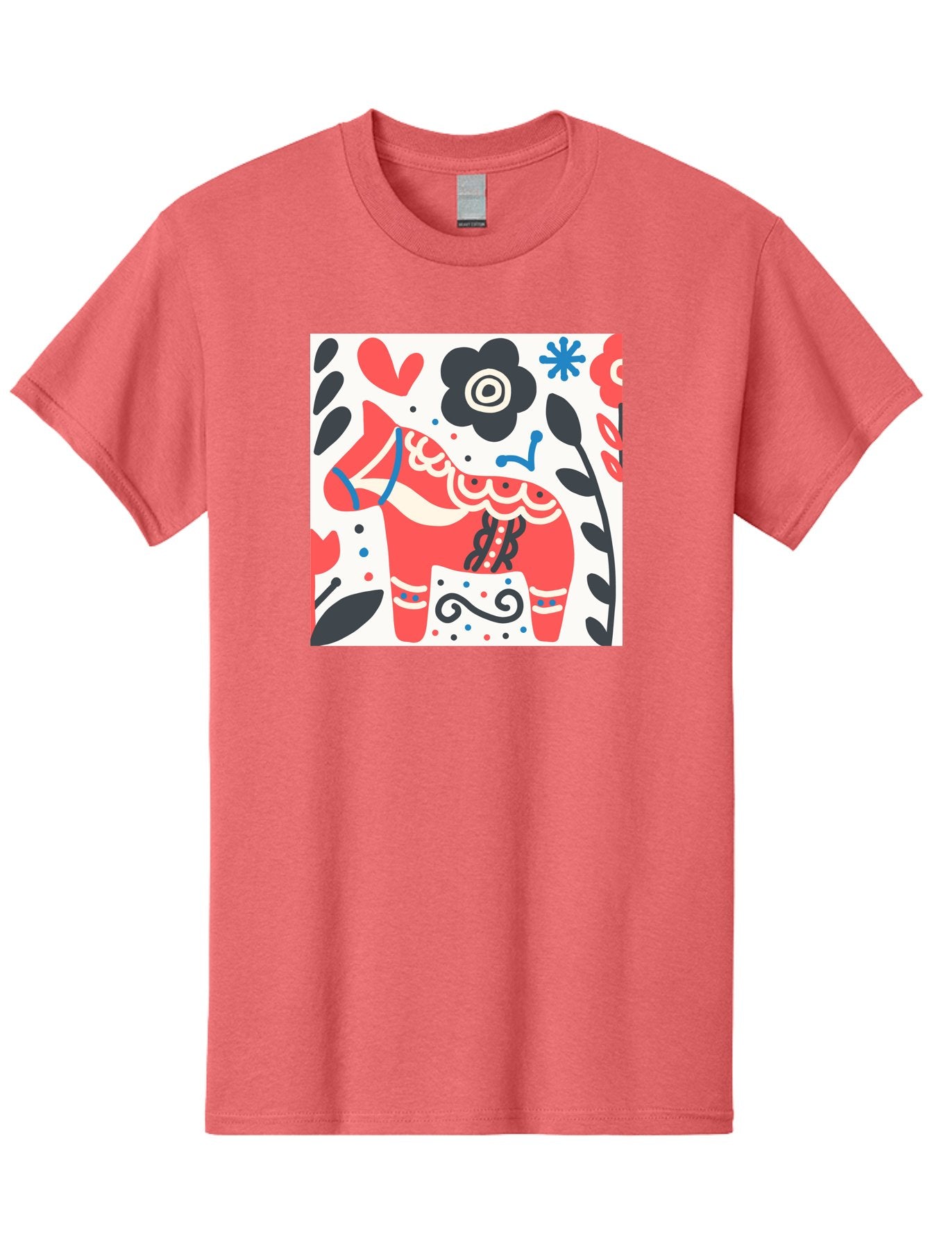 Red-Horse Men'S Graphic Tee, 100% Cotton, Comfortable Casual Summer Wear, Machine Washable, Red Dala Horse, Floral Pattern, Black And Red Flowers, Abstract Design, Folk Art, Swedish Heritage, Decorative Art, Vibrant Colors, Whimsical Design, Aab788 9