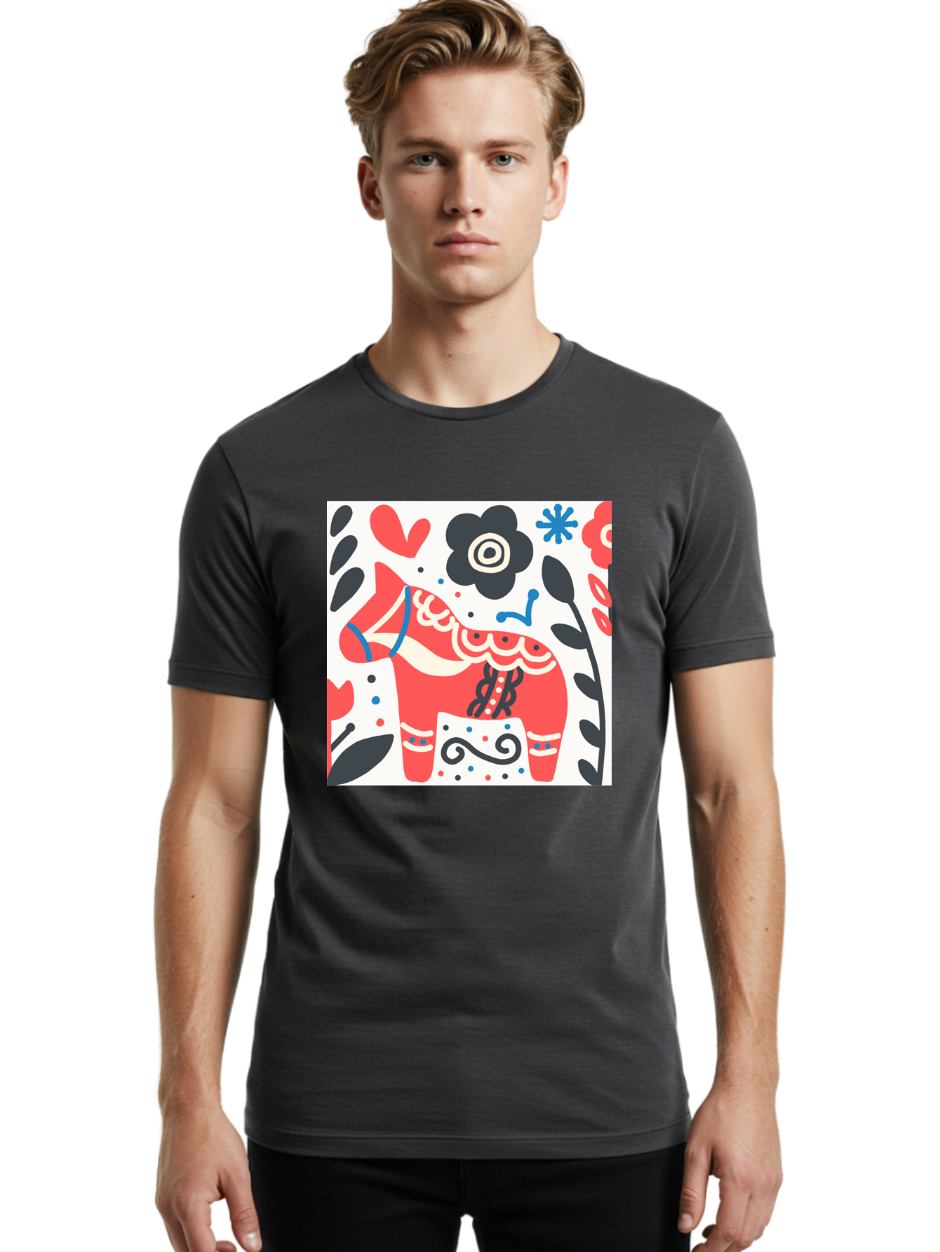 Red-Horse Men'S Graphic Tee, 100% Cotton, Comfortable Casual Summer Wear, Machine Washable, Red Dala Horse, Floral Pattern, Black And Red Flowers, Abstract Design, Folk Art, Swedish Heritage, Decorative Art, Vibrant Colors, Whimsical Design, Aab788 6