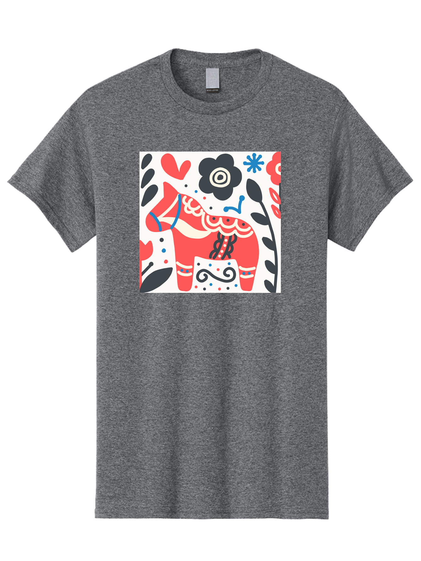 Red-Horse Men'S Graphic Tee, 100% Cotton, Comfortable Casual Summer Wear, Machine Washable, Red Dala Horse, Floral Pattern, Black And Red Flowers, Abstract Design, Folk Art, Swedish Heritage, Decorative Art, Vibrant Colors, Whimsical Design, Aab788 3