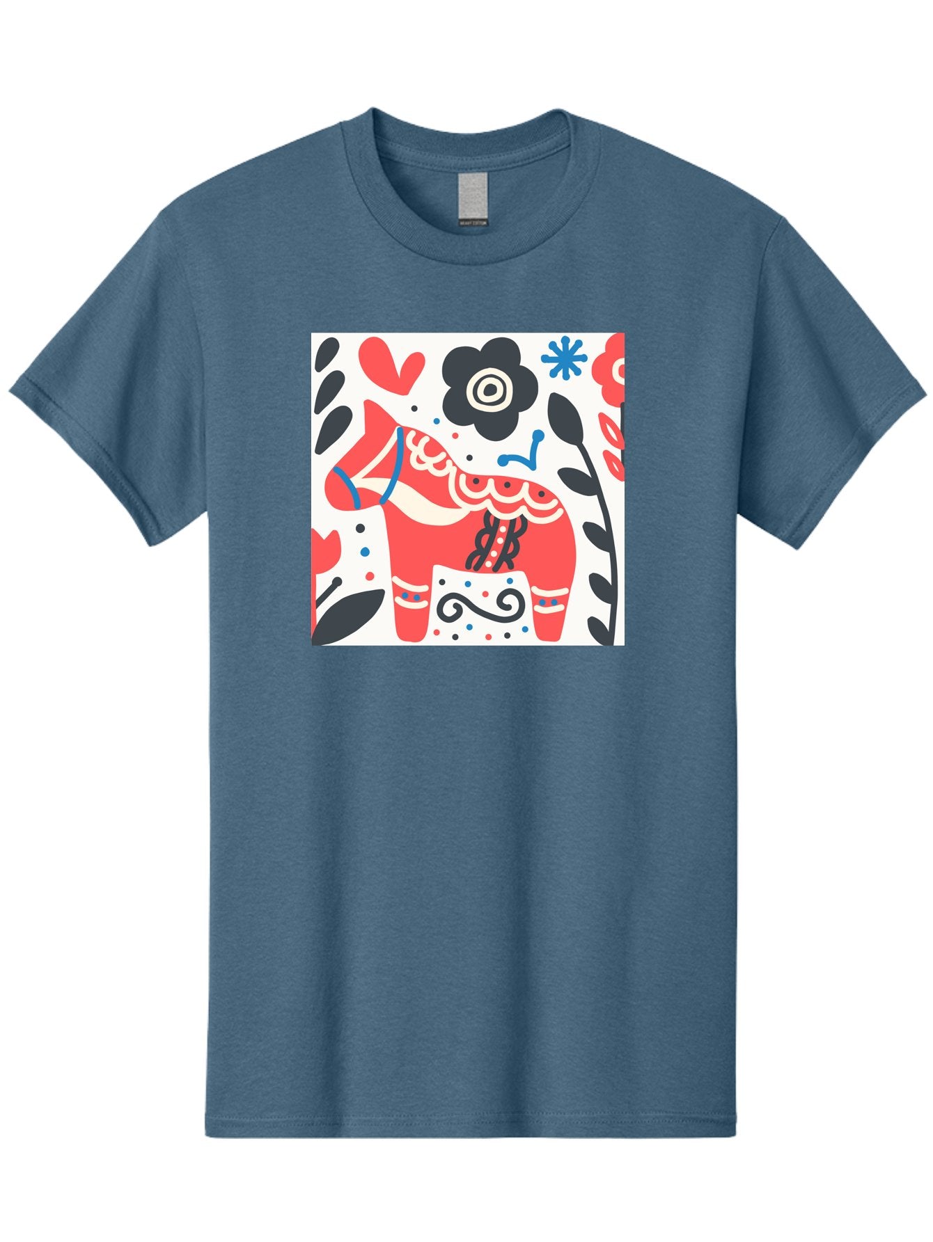 Red-Horse Men'S Graphic Tee, 100% Cotton, Comfortable Casual Summer Wear, Machine Washable, Red Dala Horse, Floral Pattern, Black And Red Flowers, Abstract Design, Folk Art, Swedish Heritage, Decorative Art, Vibrant Colors, Whimsical Design, Aab788 5